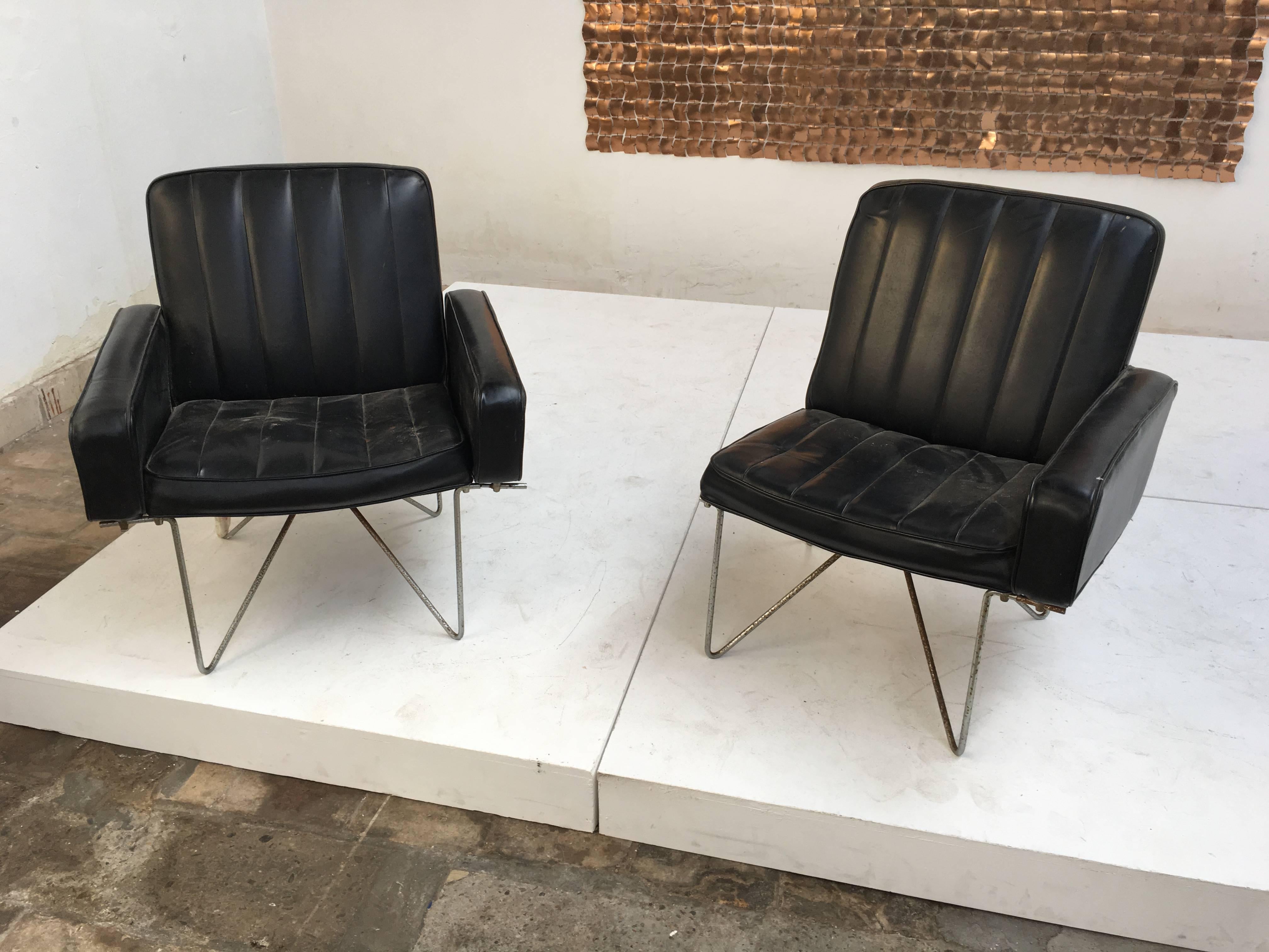 Chromed Steel Wire Base and Leather Easy Chairs Attributed to Hein Salomonson 4