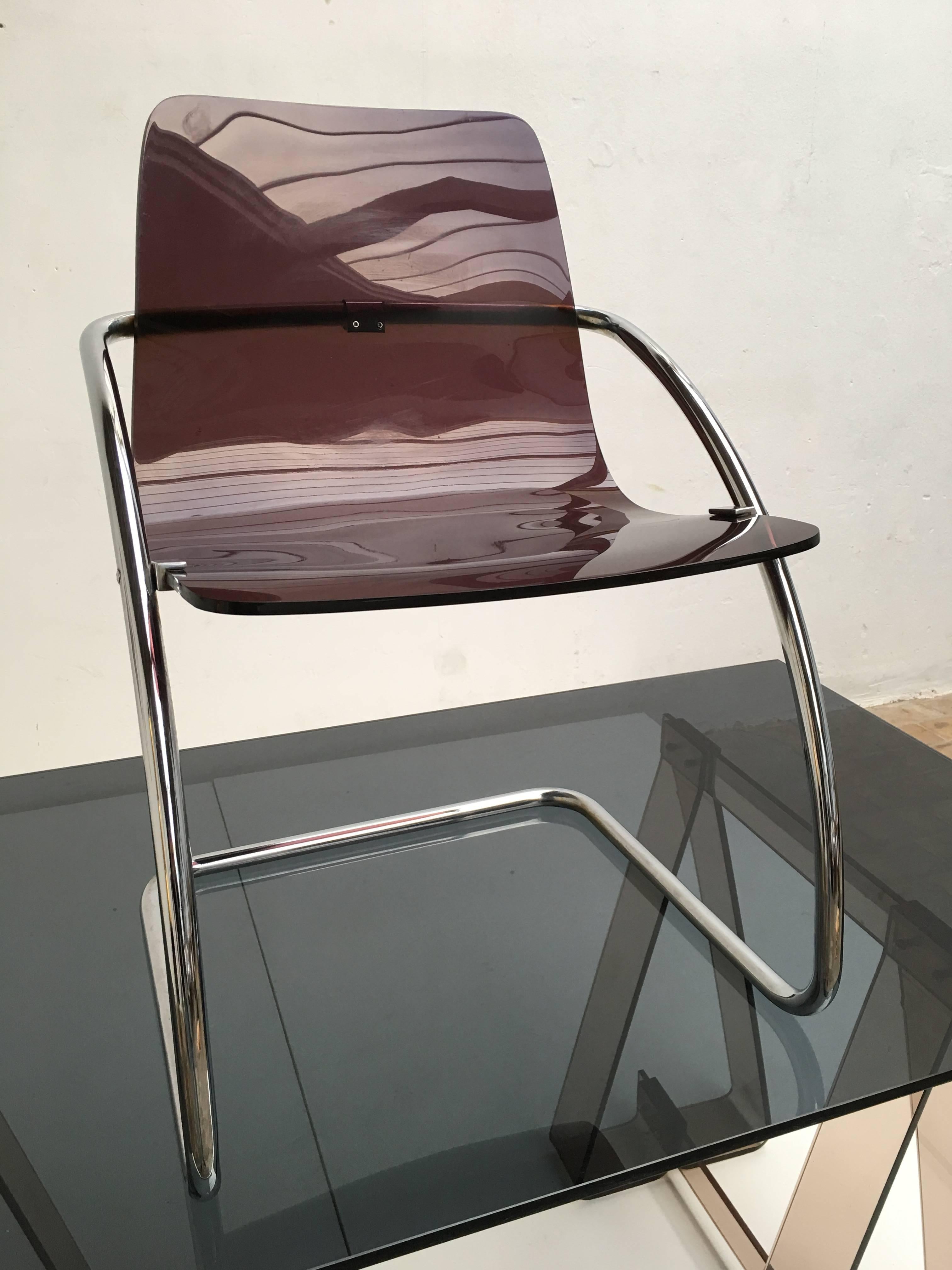 1970s Smoked Acrylic and Glass Trestle Desk, Lucite and Tubular Chrome Chair 1