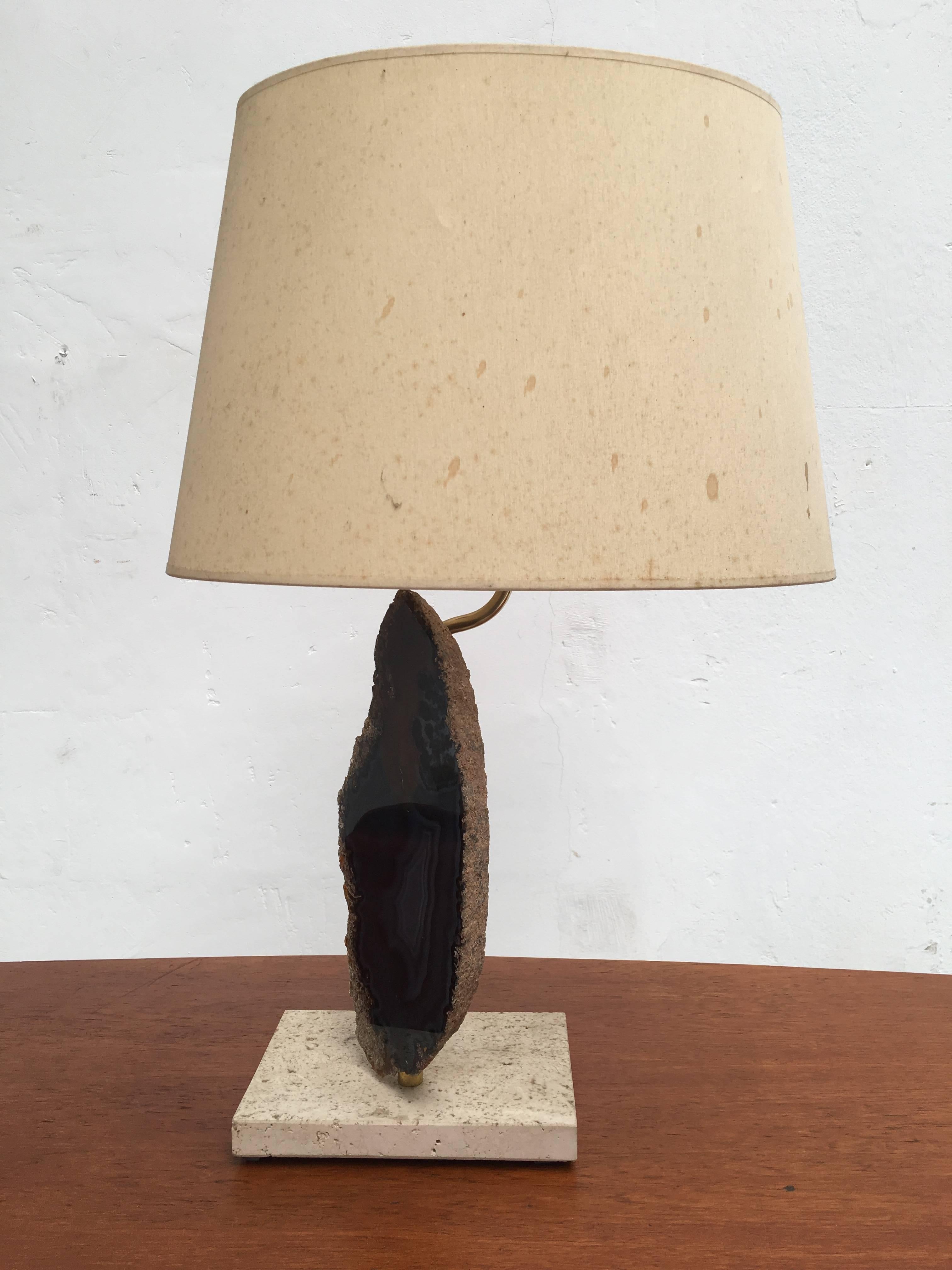 Belgian 1970s Table Lamp with Cut Agate Stone and Brass on Travertine Base For Sale 3