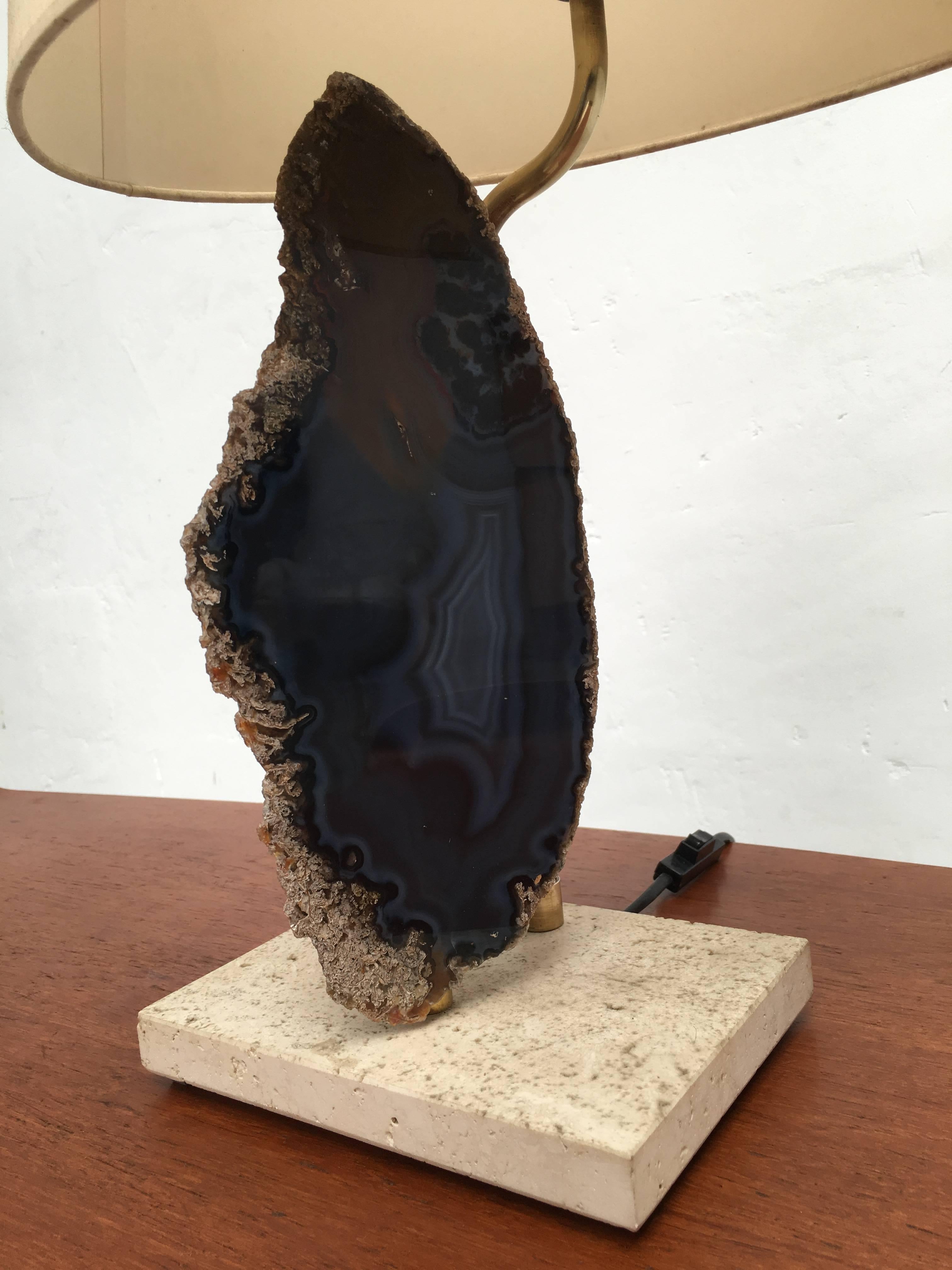Linen Belgian 1970s Table Lamp with Cut Agate Stone and Brass on Travertine Base For Sale
