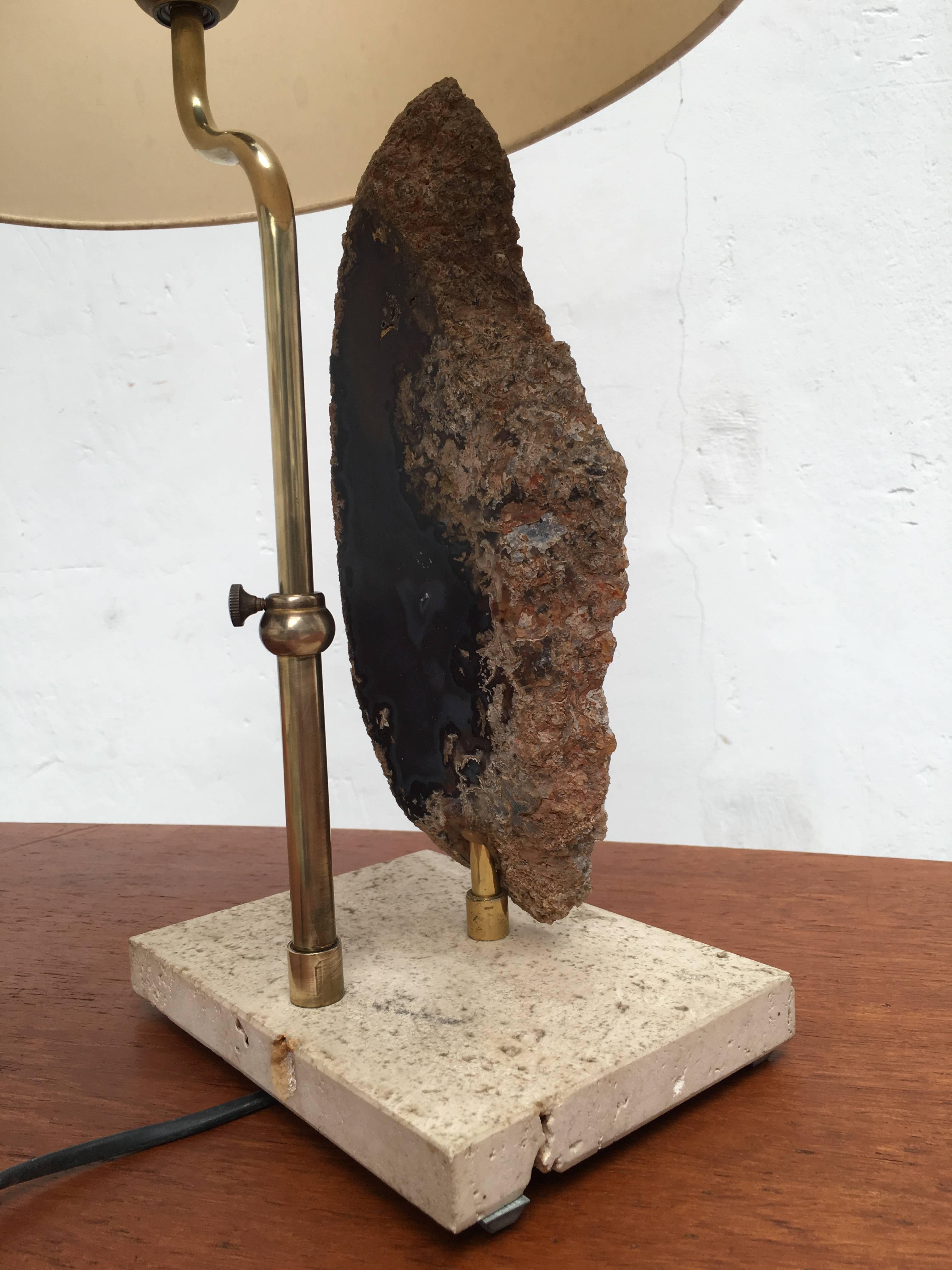 Belgian 1970s Table Lamp with Cut Agate Stone and Brass on Travertine Base For Sale 1