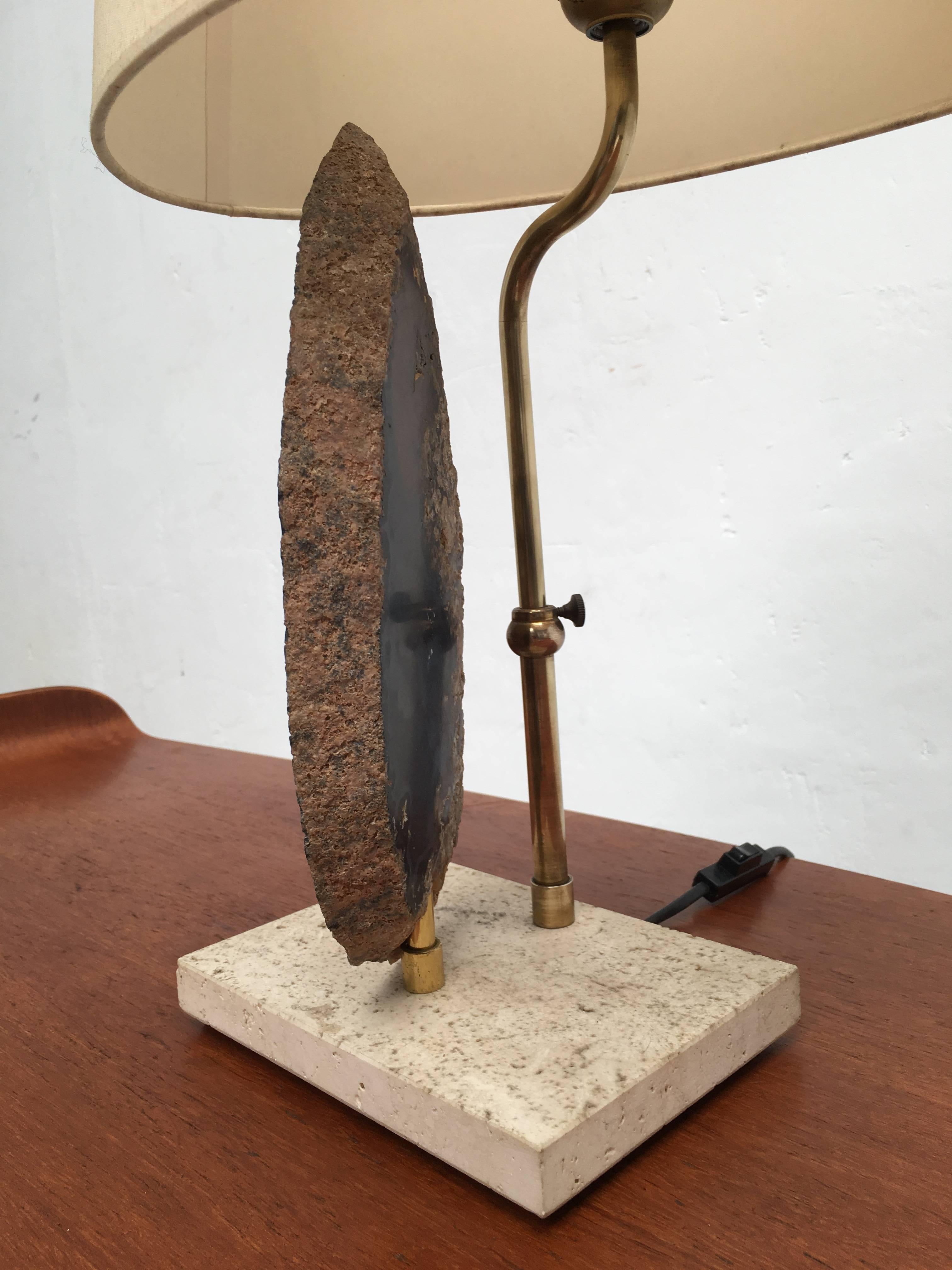 Late 20th Century Belgian 1970s Table Lamp with Cut Agate Stone and Brass on Travertine Base For Sale