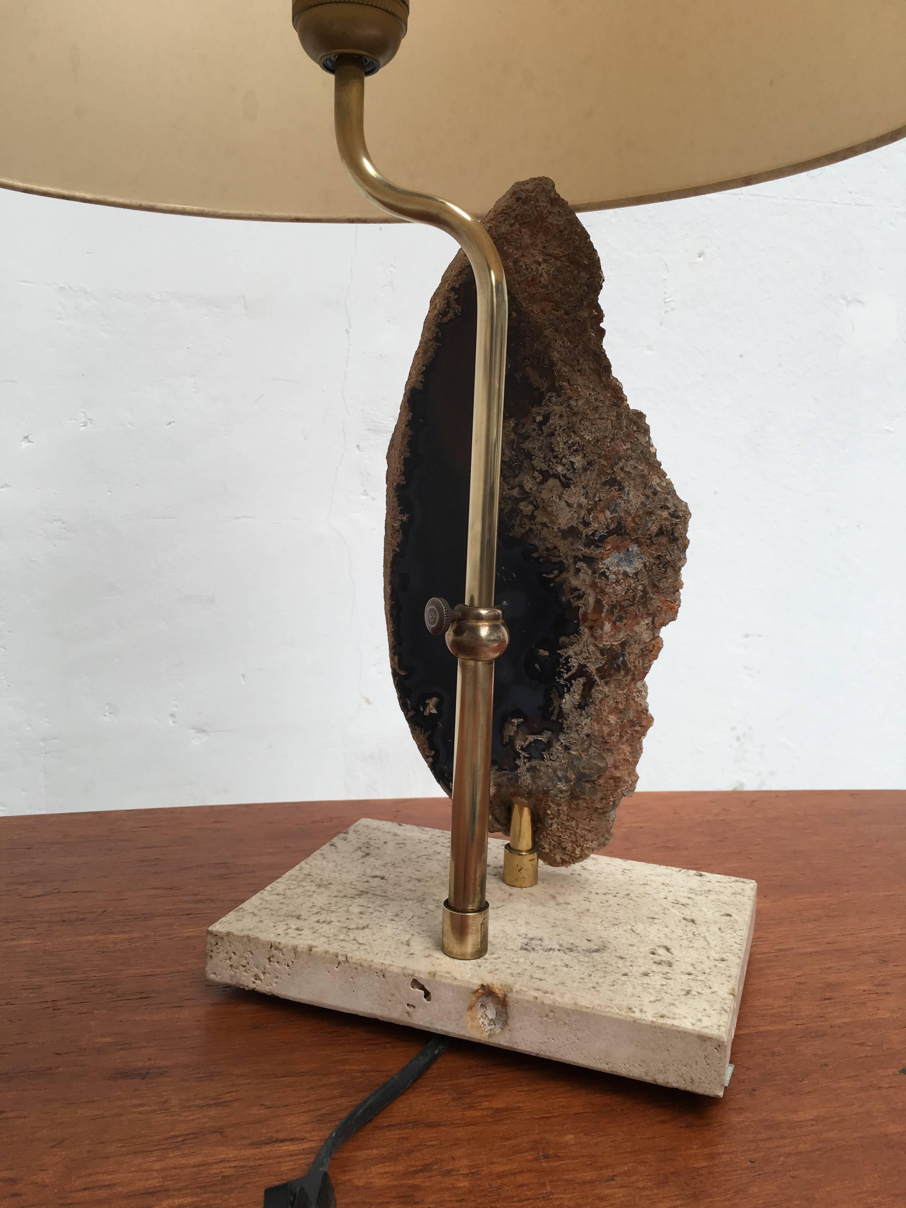 Belgian 1970s Table Lamp with Cut Agate Stone and Brass on Travertine Base For Sale 2