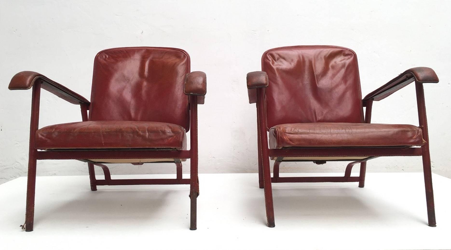 Mid-Century Modern Rare Pair of Original Vintage Leather Adnet Lounge Chairs France 1950's