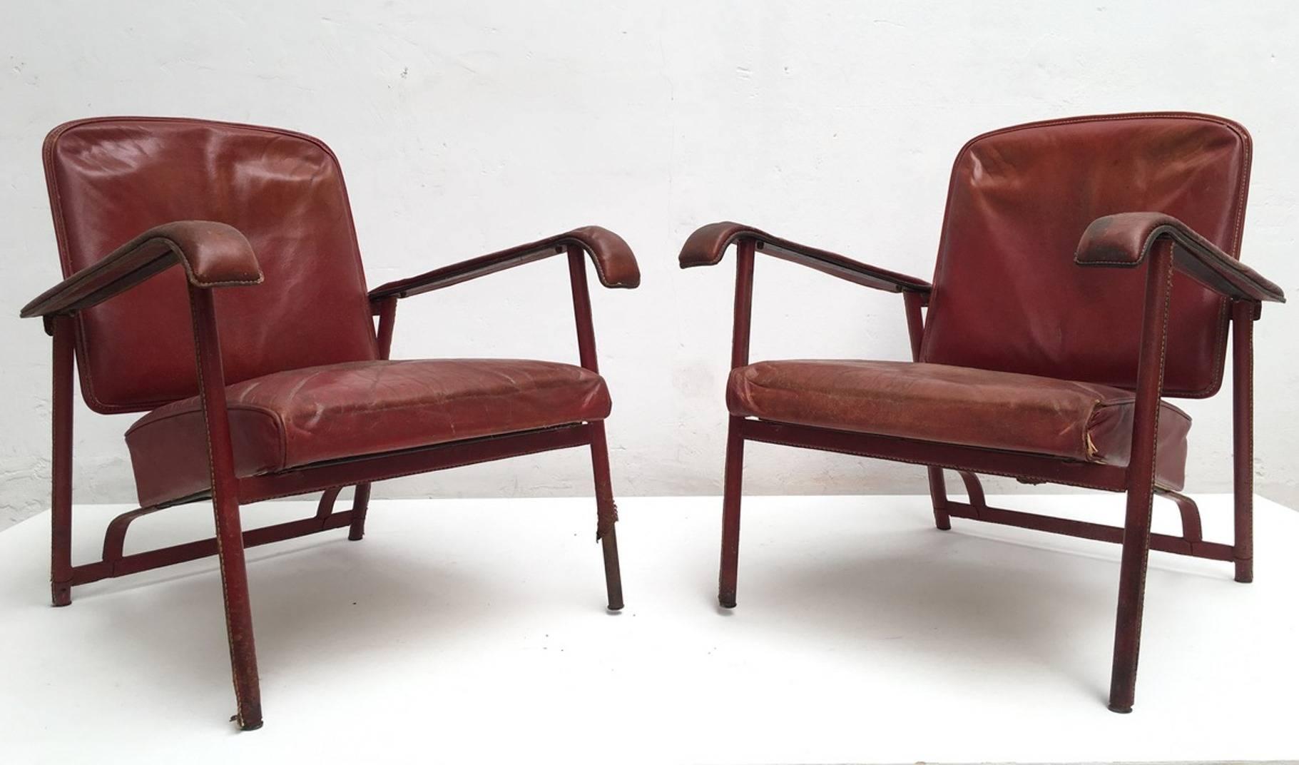 French Rare Pair of Original Vintage Leather Adnet Lounge Chairs France 1950's