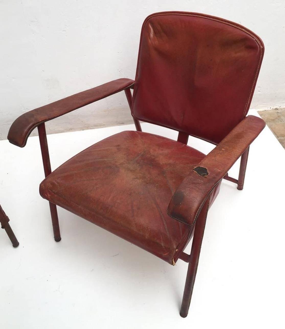 Rare Pair of Original Vintage Leather Adnet Lounge Chairs France 1950's 1