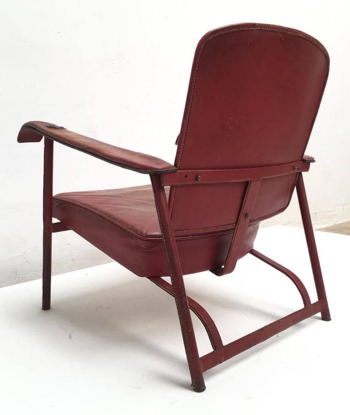 Mid-20th Century Rare Pair of Original Vintage Leather Adnet Lounge Chairs France 1950's