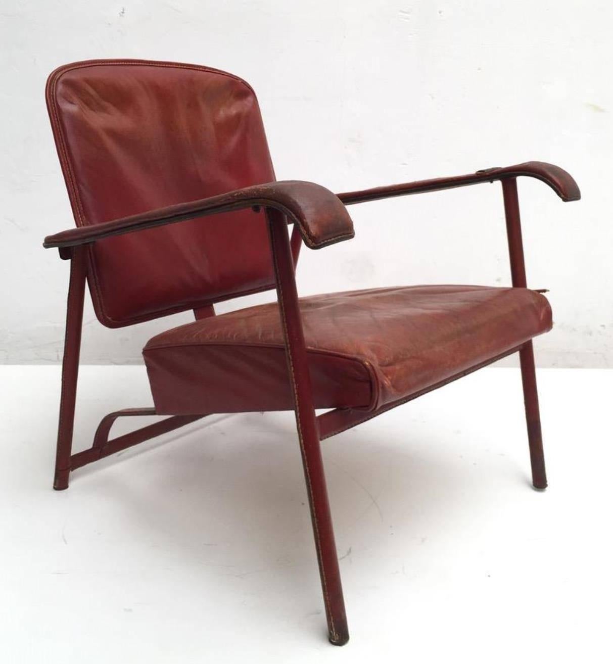 Enameled Rare Pair of Original Vintage Leather Adnet Lounge Chairs France 1950's