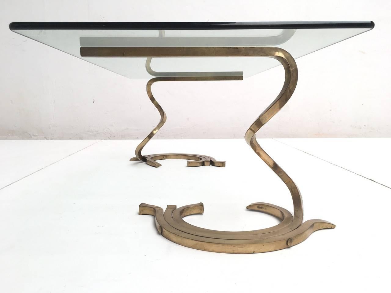Italian Stunning Sculptural Serpentine Form Coffee Table, Solid Brass Bar, Italy, 1970