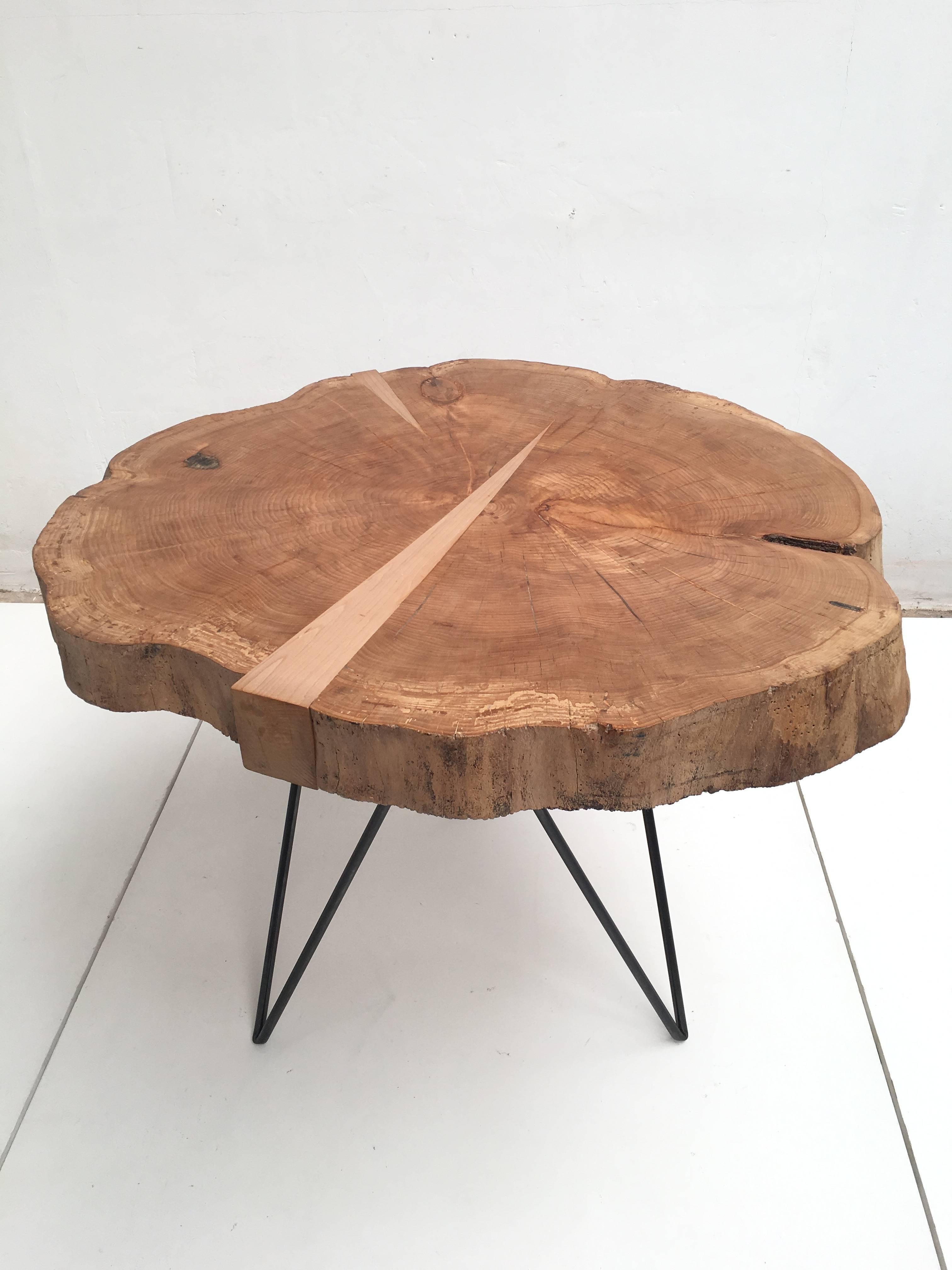 This vintage solid beech slab has been reclaimed from a rustic coffee table from the 1960s

The wood slab has been sandblasted and heat treated first in a 120 degrees celsius oven overnight to make sure any living organisms inside were killed

A