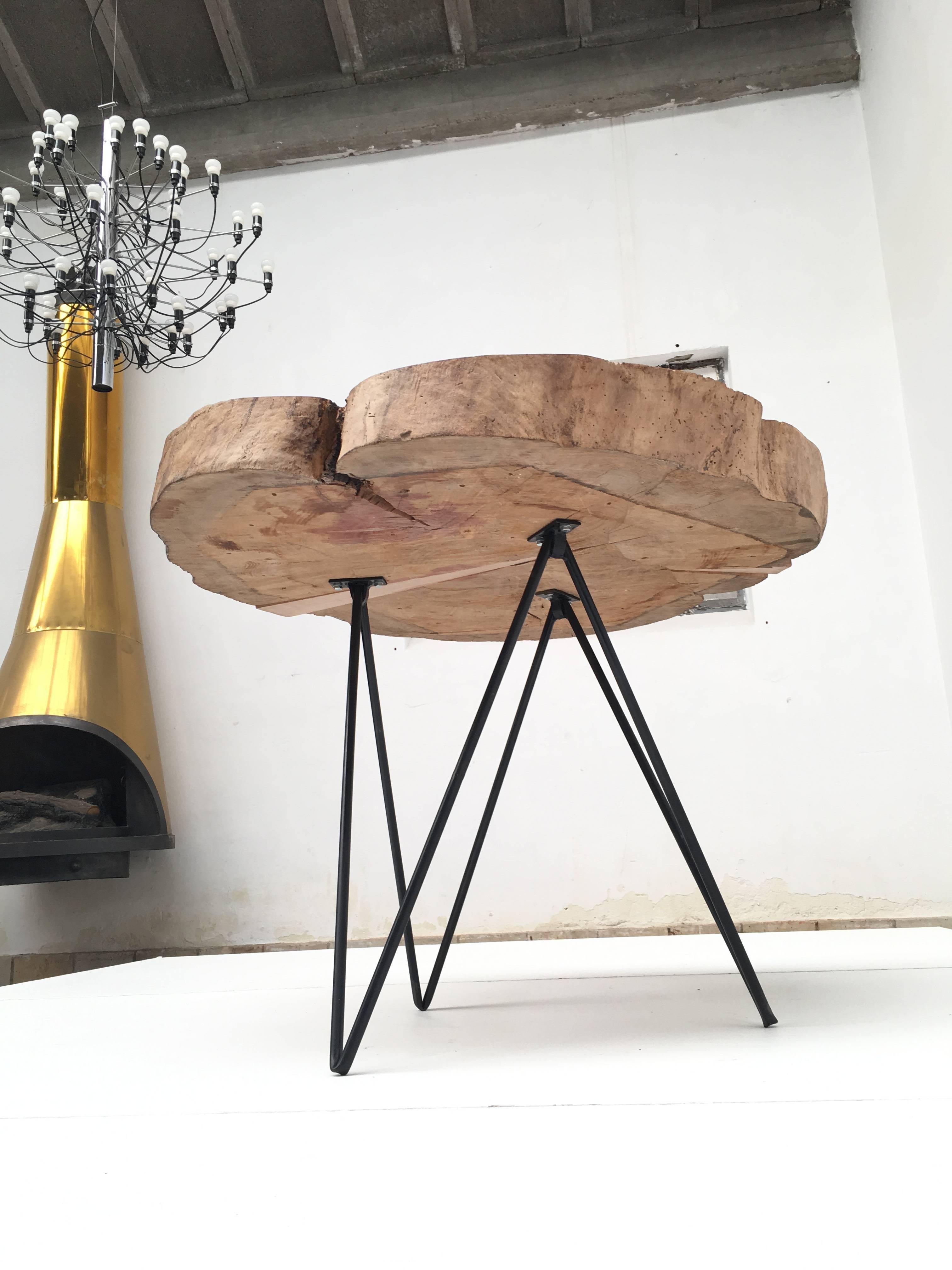 Enameled Mid-Century Modern Reclaimed Beech Trunk-Slab Custom-Made Table the Netherlands For Sale