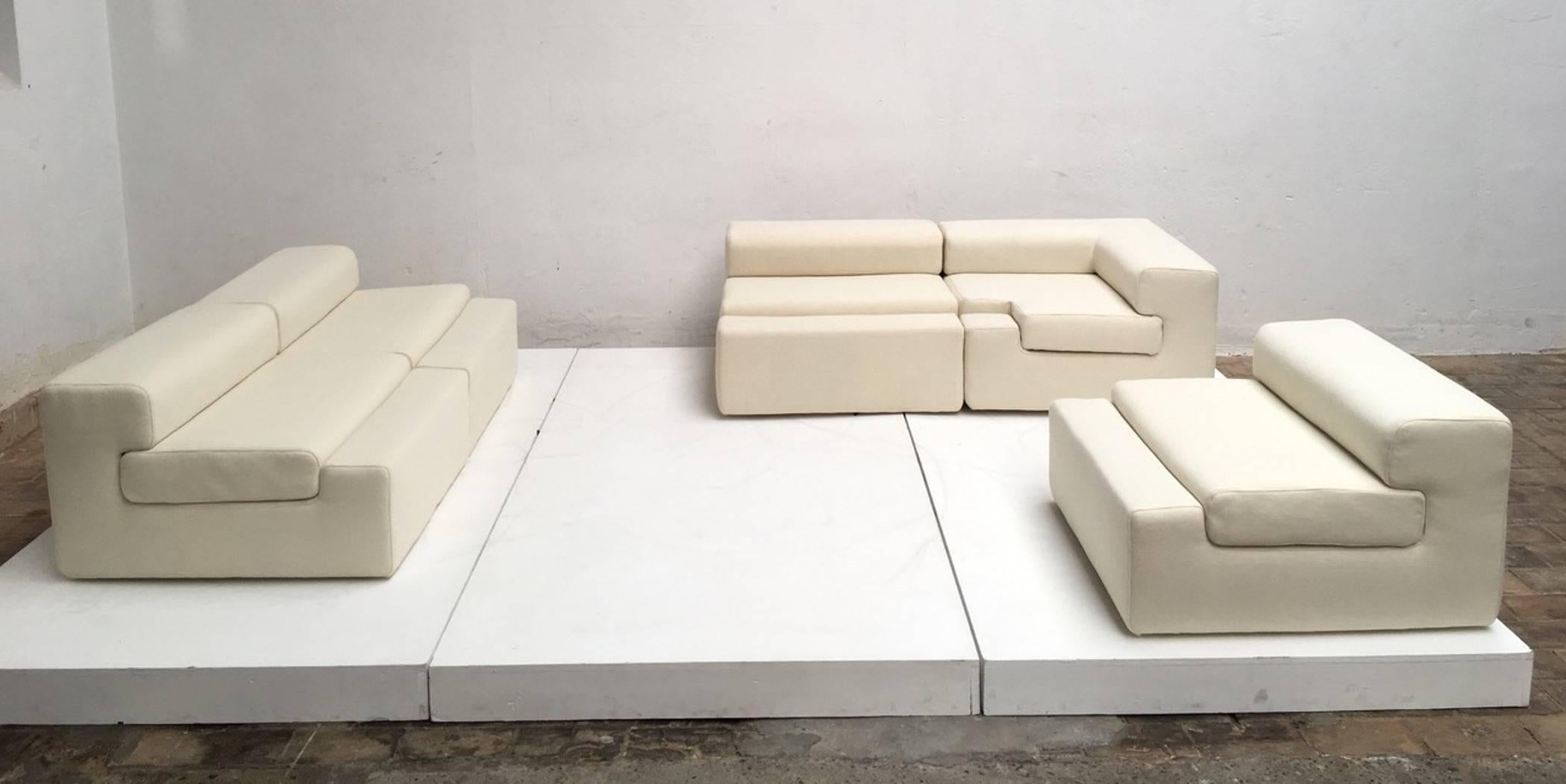 Beautiful and unique sculptural form five-piece modular sofa designed by architect, designer and sculptor Angelo Mangiarotti in 1969 for the 'Casa Vitale' in Milan, Italy. This  sofa is a unique, one off , artisan crafted design by Mangiarotti for