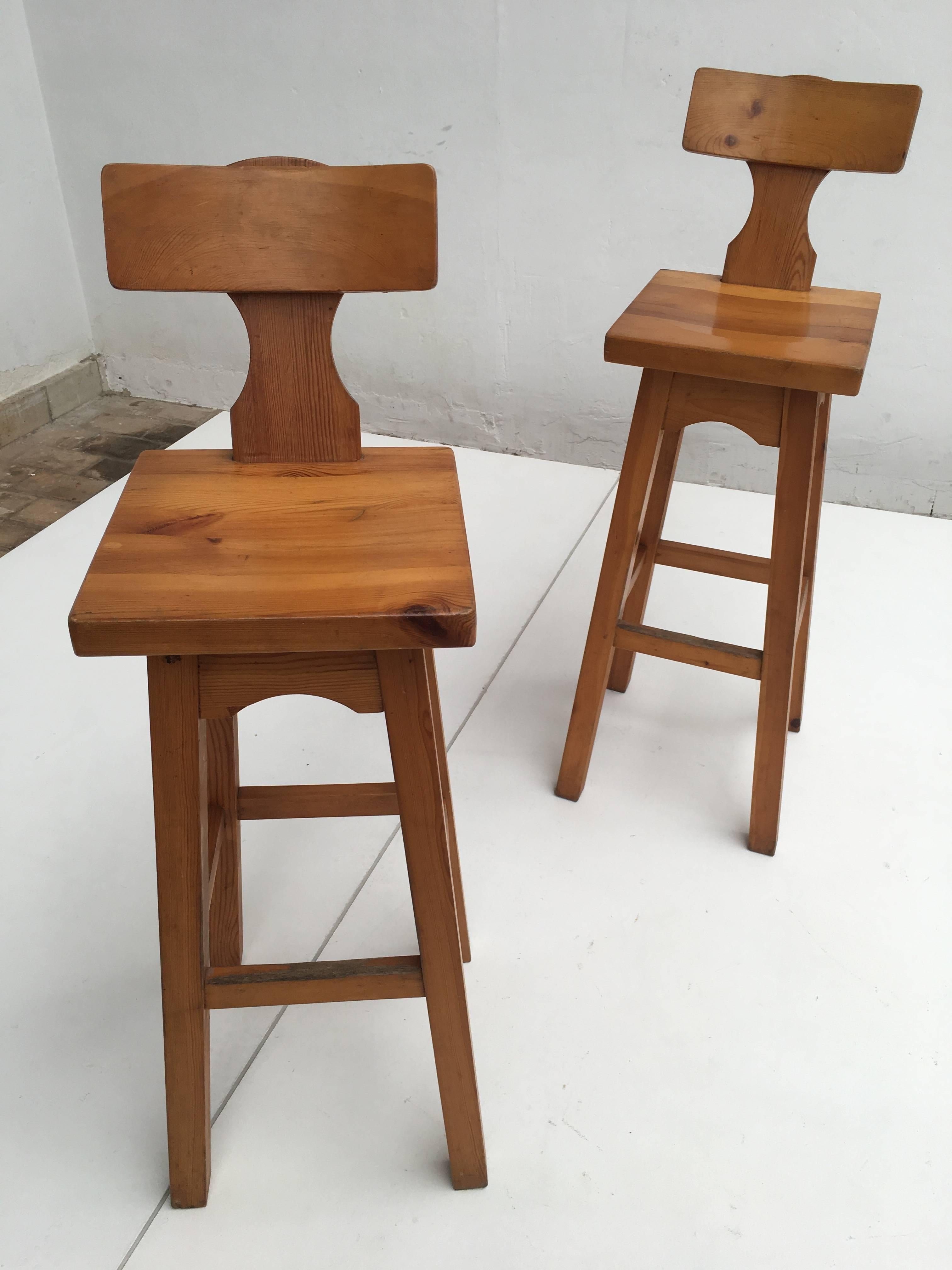 Set of Four Scandinavian Solid Pine Wood Barstools, Style of Rainer Daumiller 2