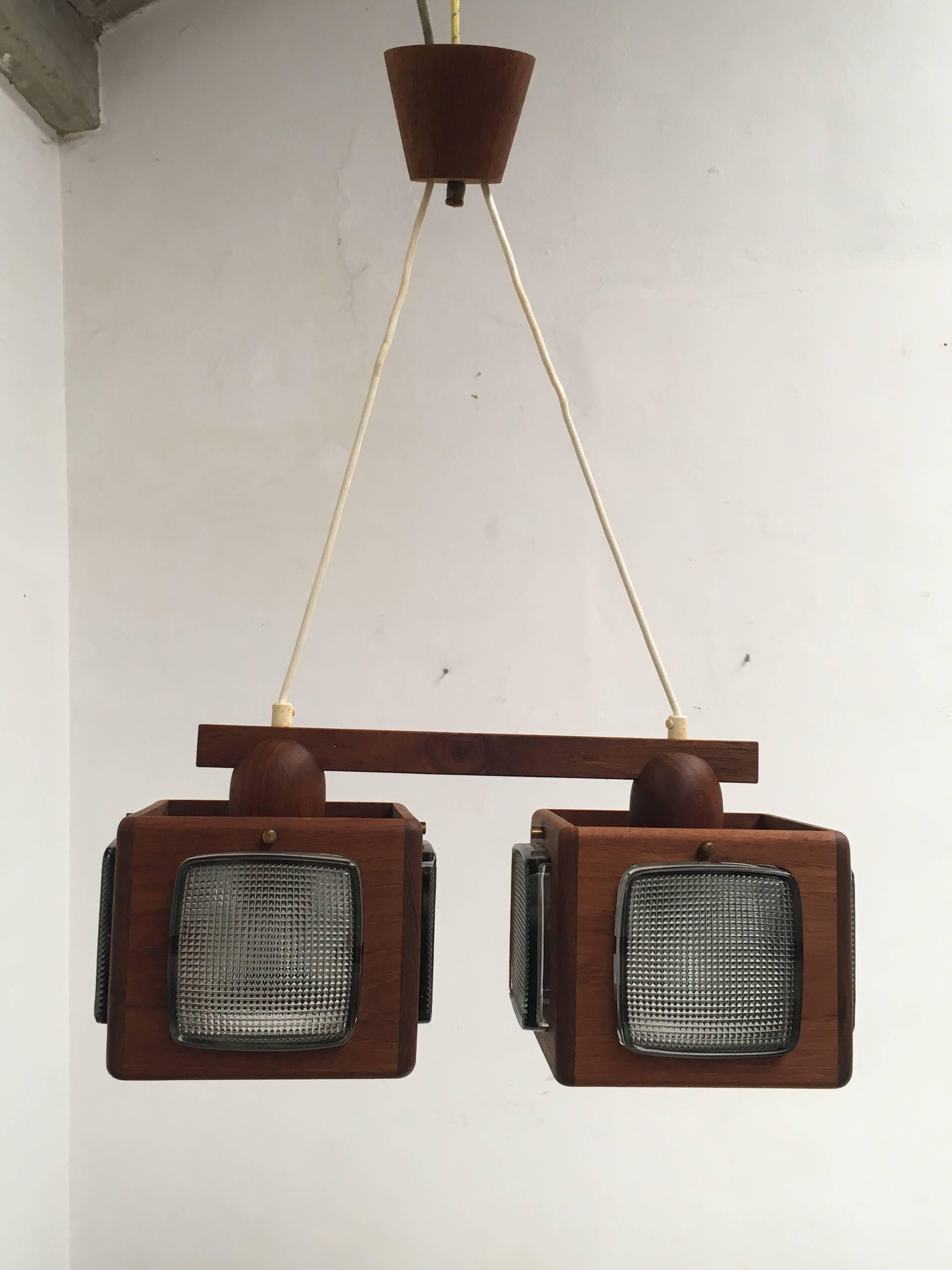 Pressed Cubic Vitrika Pendant Teak, Brass and Orrefors Glass, 1960s For Sale