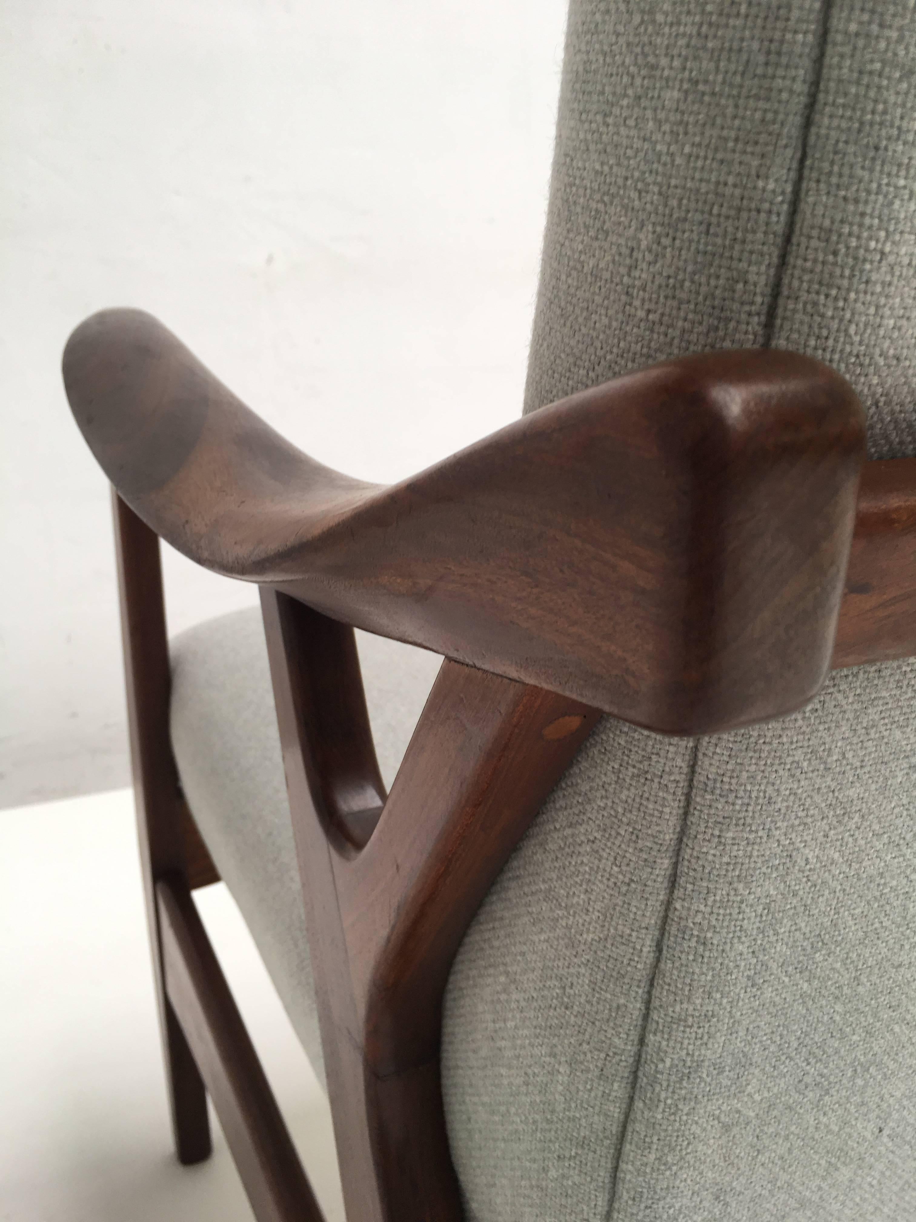 Scandinavian Modern Solid 1950s Carved Teak Danish High back Chair with New De Ploeg Wool Upholstery For Sale