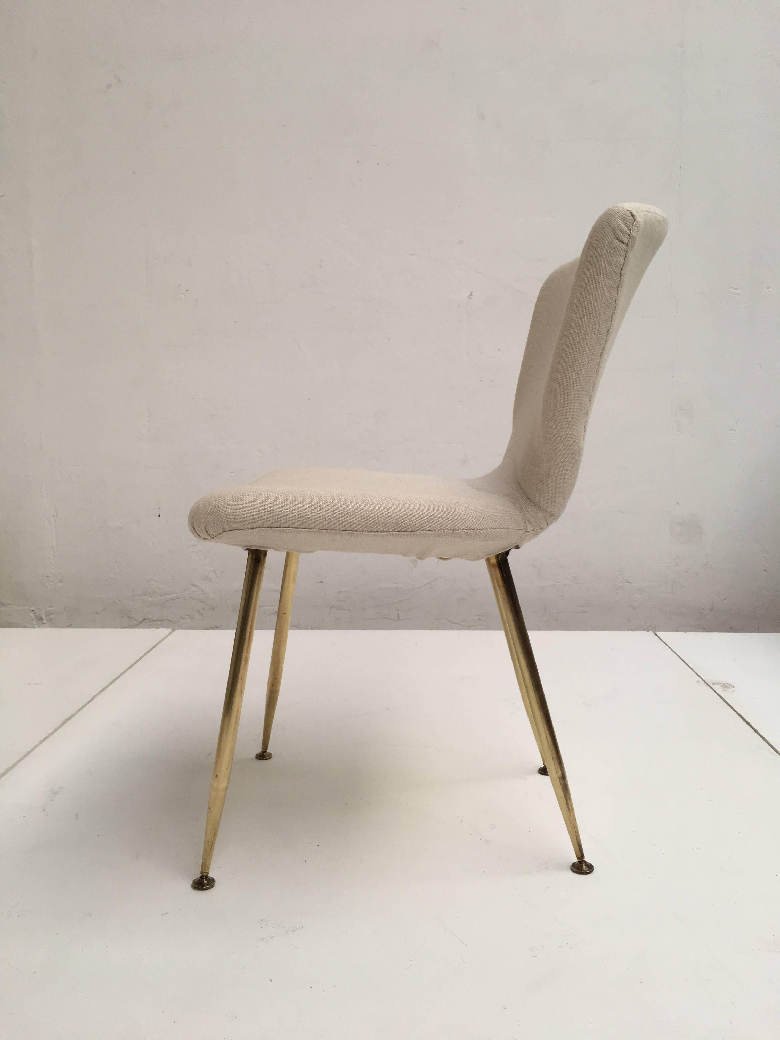 Brass 10 Dining Chairs by Louis Sognot for Arflex, 1959, brass legs, Upholstery Restored