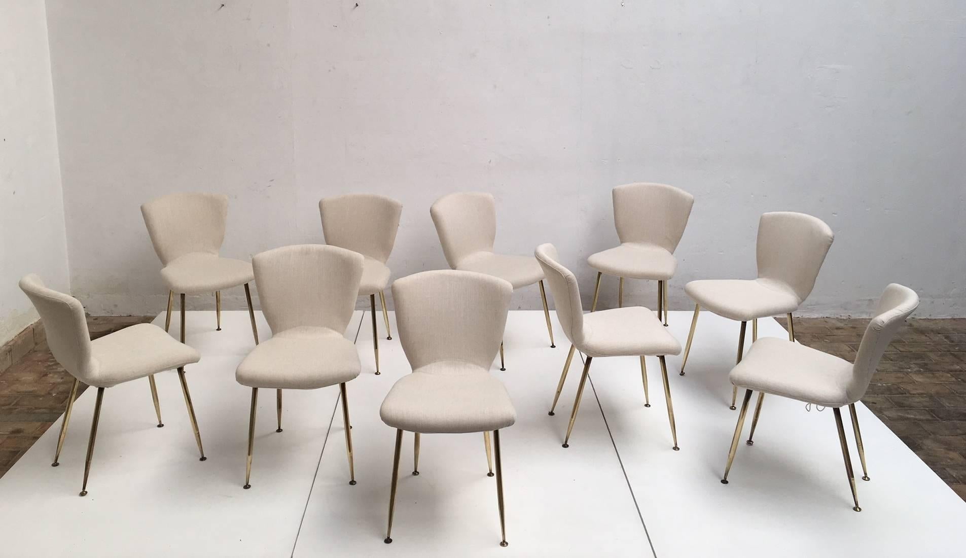Italian 10 Dining Chairs by Louis Sognot for Arflex, 1959, brass legs, Upholstery Restored