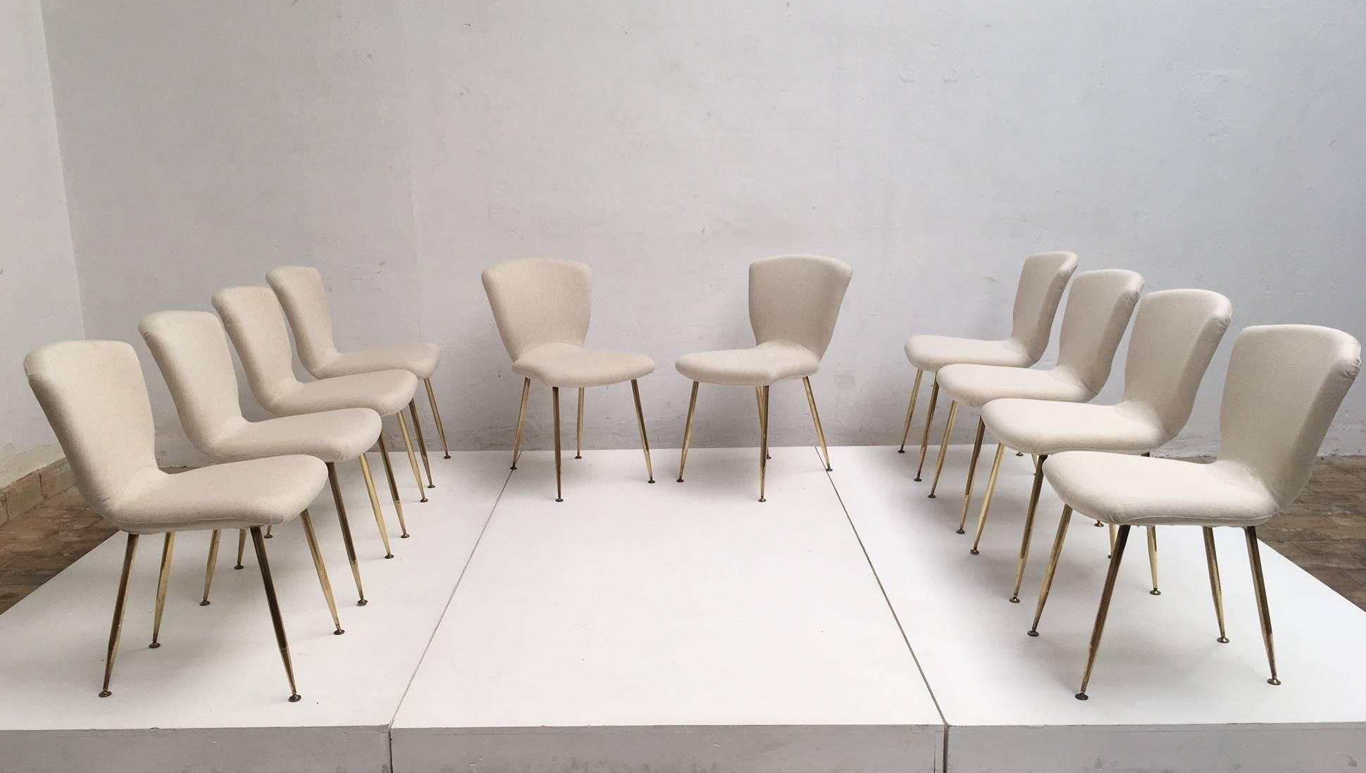 Mid-Century Modern 10 Dining Chairs by Louis Sognot for Arflex, 1959, brass legs, Upholstery Restored