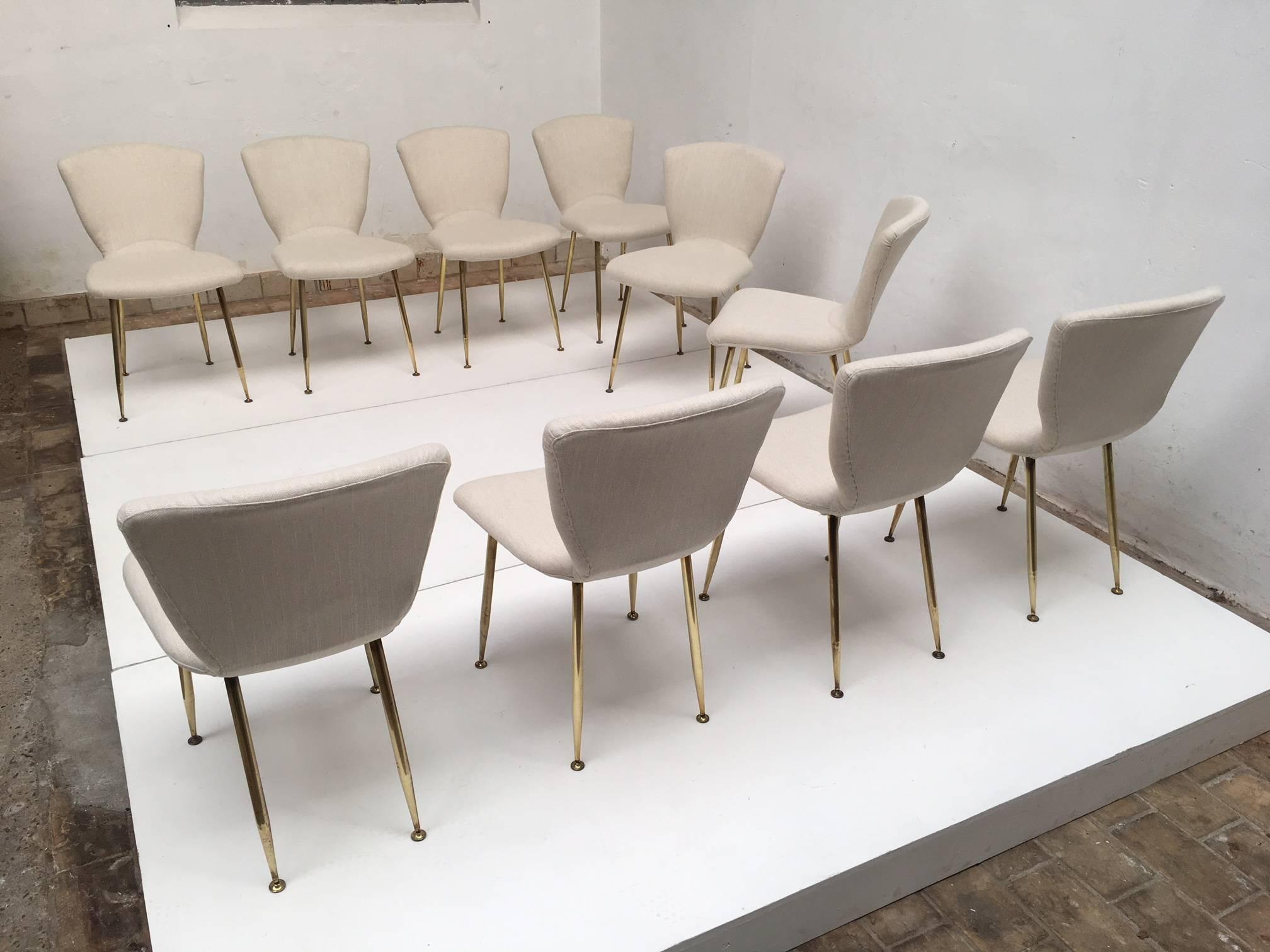 10 Dining Chairs by Louis Sognot for Arflex, 1959, brass legs, Upholstery Restored In Good Condition In bergen op zoom, NL