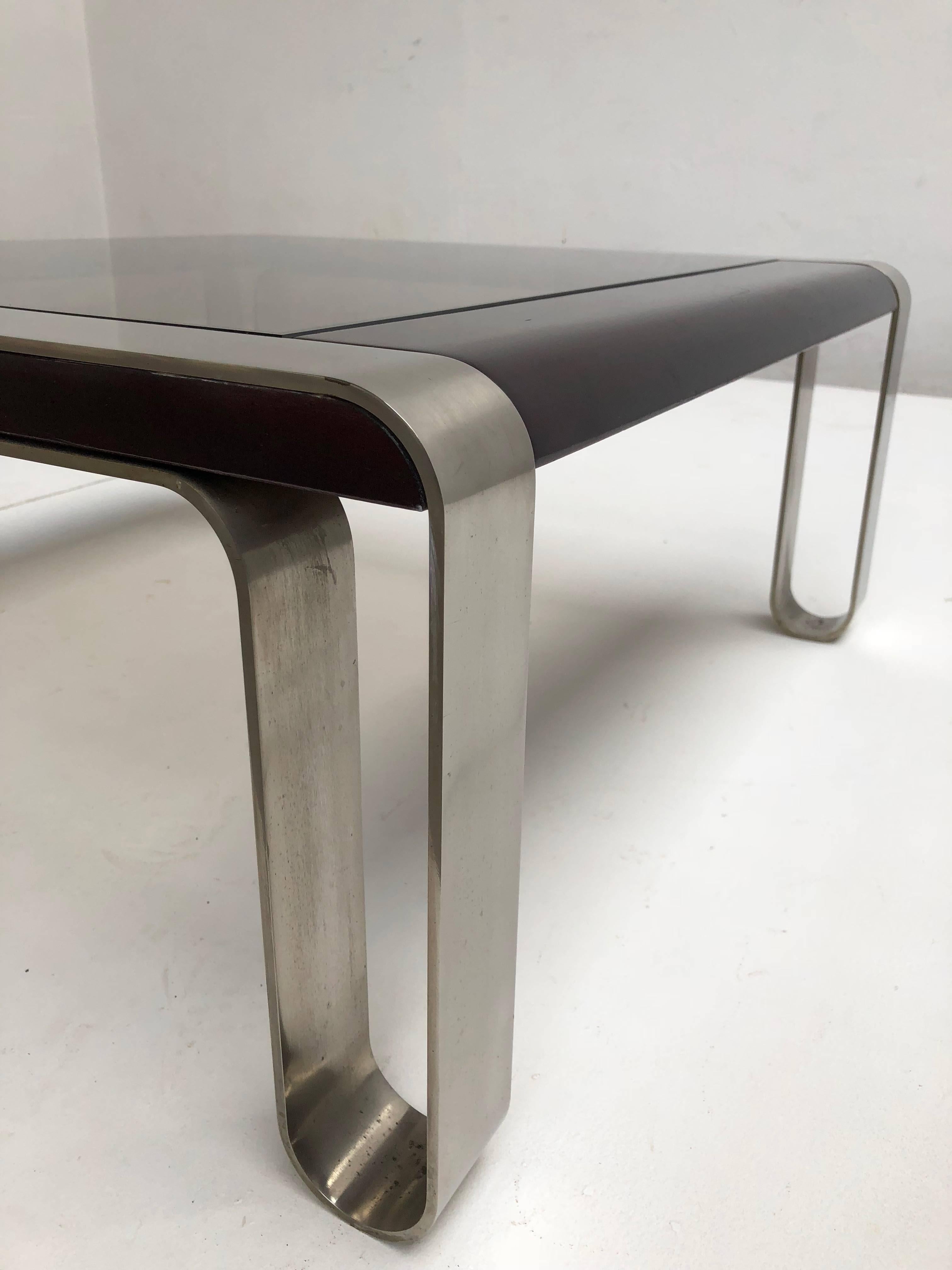 Mid-Century Modern Italian, 1970s Sculptural Coffee or Side Table Nickel-Plated Steel, Wood & Glass For Sale