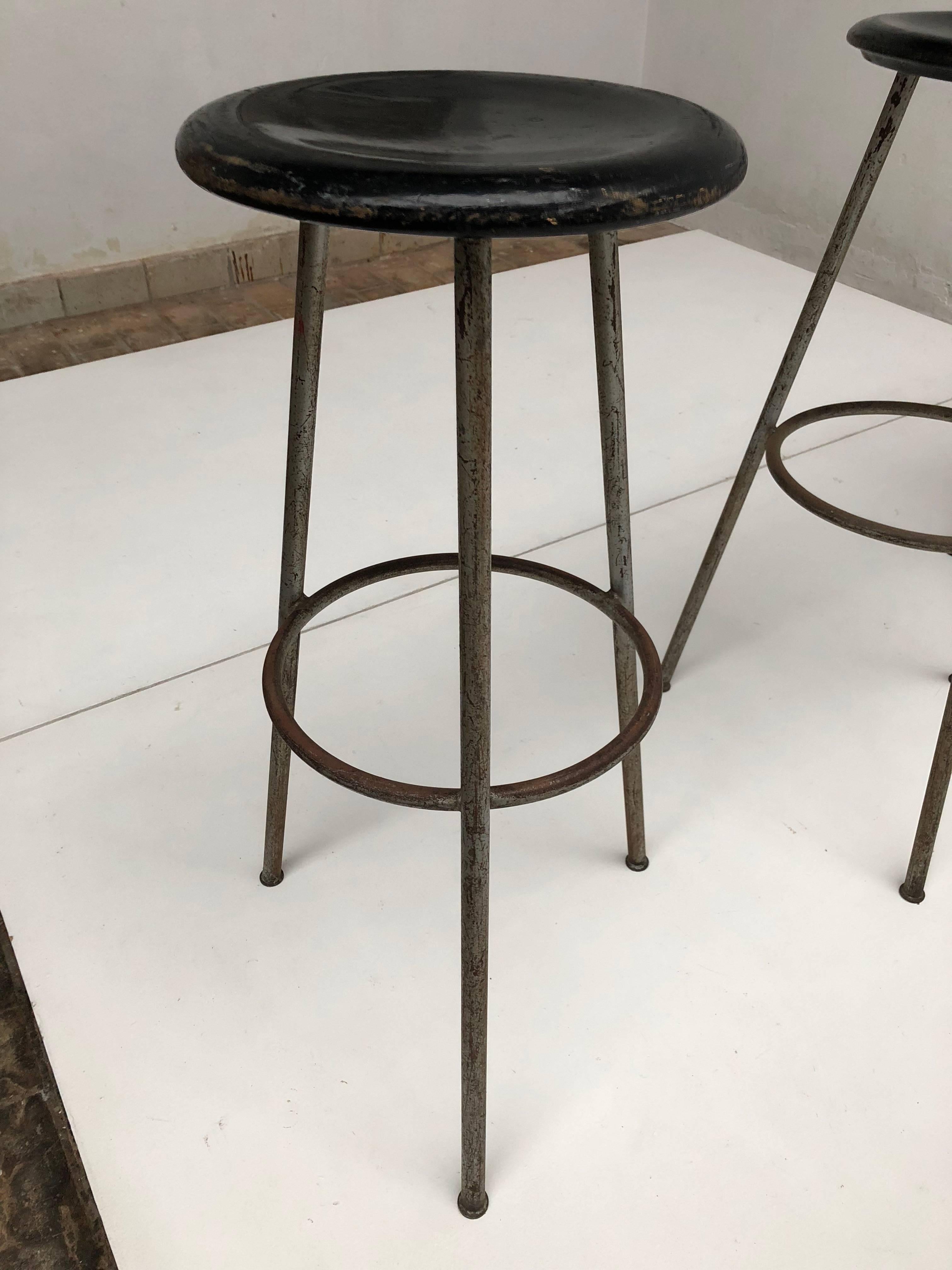 Lacquered 1950s Swiss Industrial Confection Atelier Tripod Working / Bar Stools