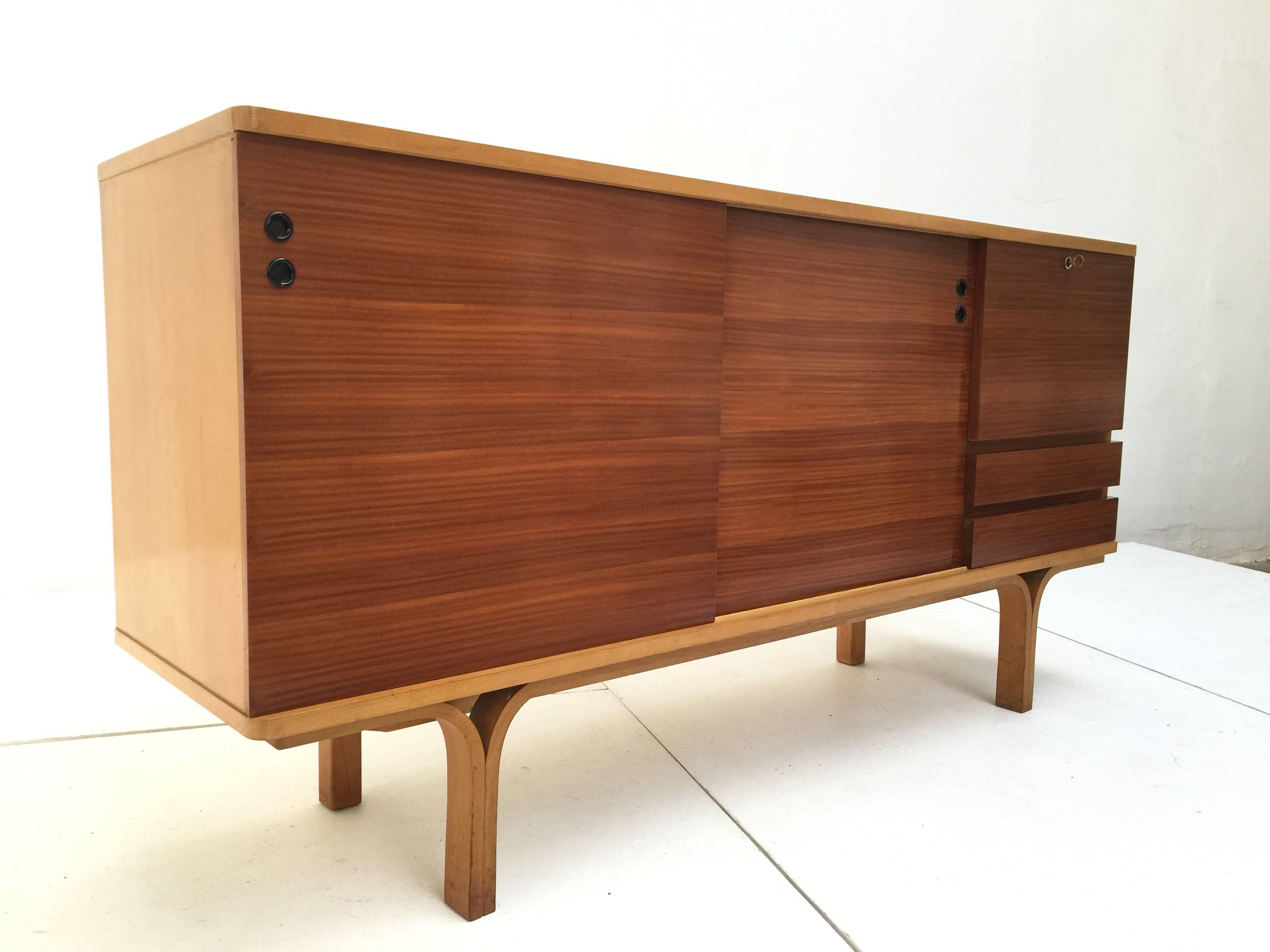 Brass Stunning Ash and Mahogany Credenza Bar by J.A Motte, 1954 for Group 4 Charron