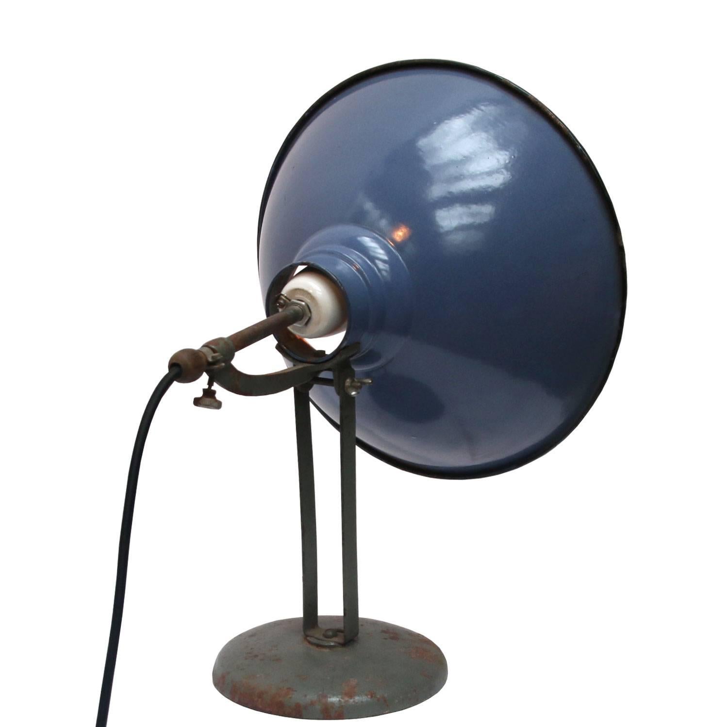 Industrial enamel desk light. Blue enamel desk light
2 meter wire and plug.

All lamps have been made suitable by international standards for incandescent light bulbs, energy-efficient and LED bulbs with an E26/E27 socket, new wiring CE certified