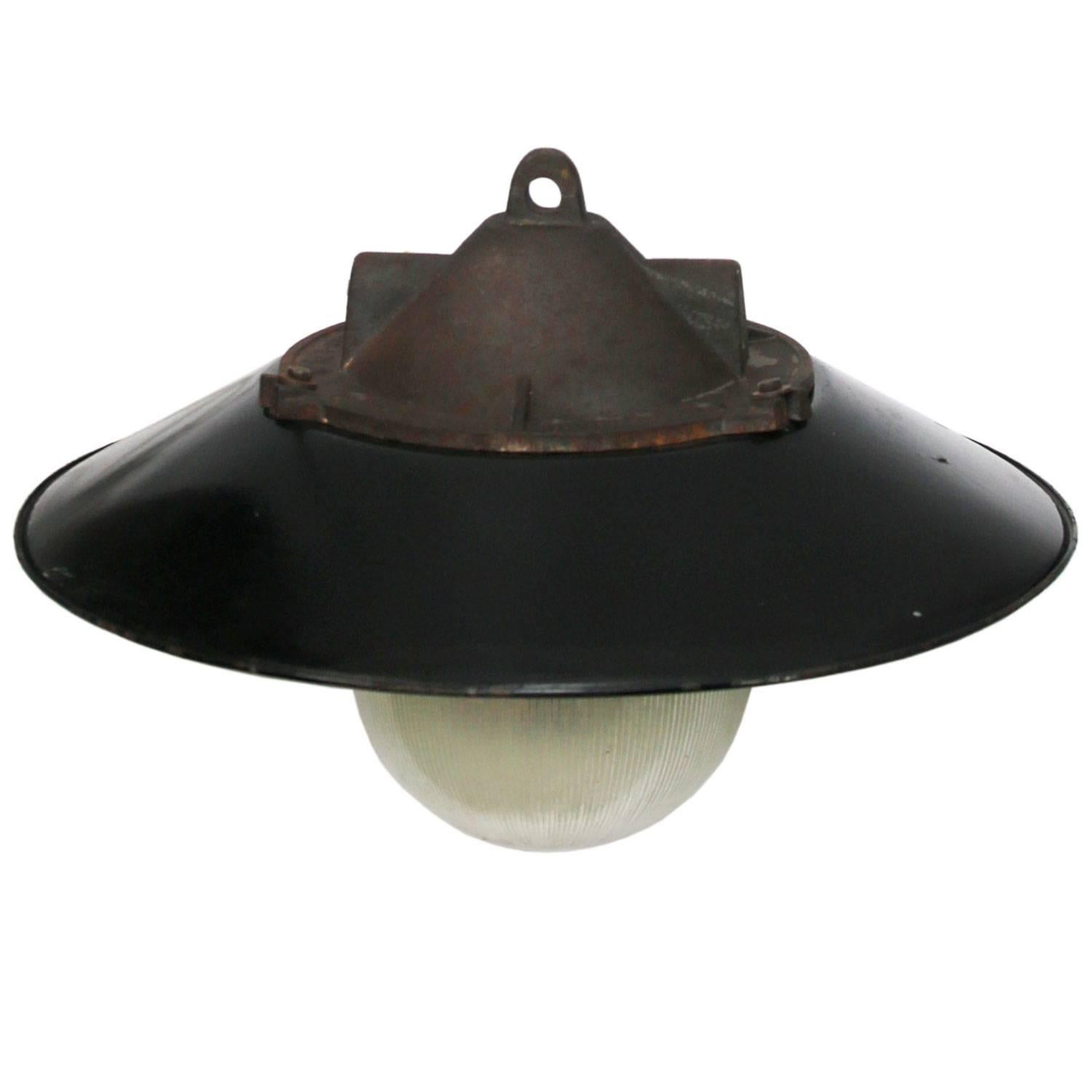 Czech Black Enamel Holophane Glass Cast Iron Vintage Industrial Factory Lamps (2x)