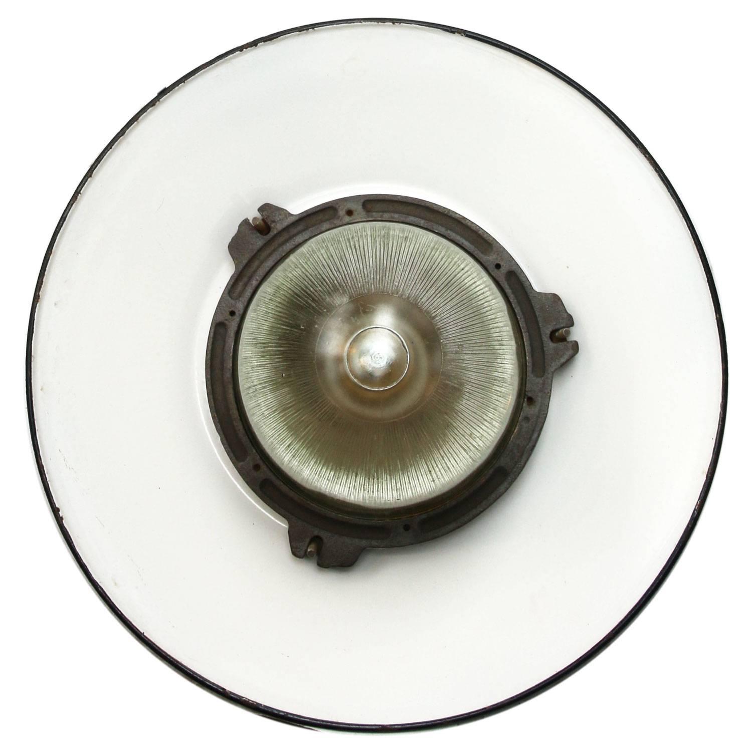 20th Century Black Enamel Holophane Glass Cast Iron Vintage Industrial Factory Lamps (2x)