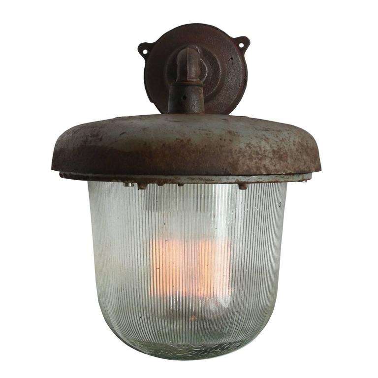 Cast Iron Industrial Wall Light Holophane Glass (16x) For Sale at 1stdibs