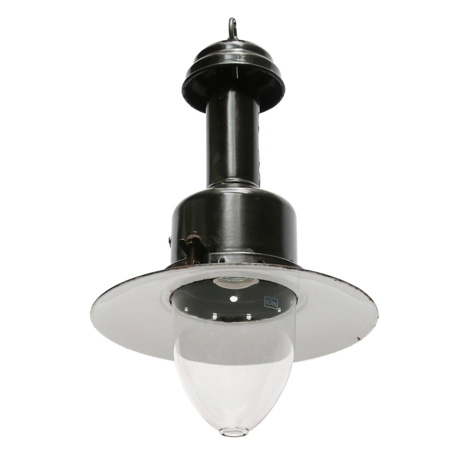 El Greco black 05. Greek fisherman’s light. Black enamel pendant light with clear glass. White interior. 

Weight: 1.4 kg / 3.1 lb.

All lamps have been made suitable by international standards for incandescent light bulbs, energy-efficient and