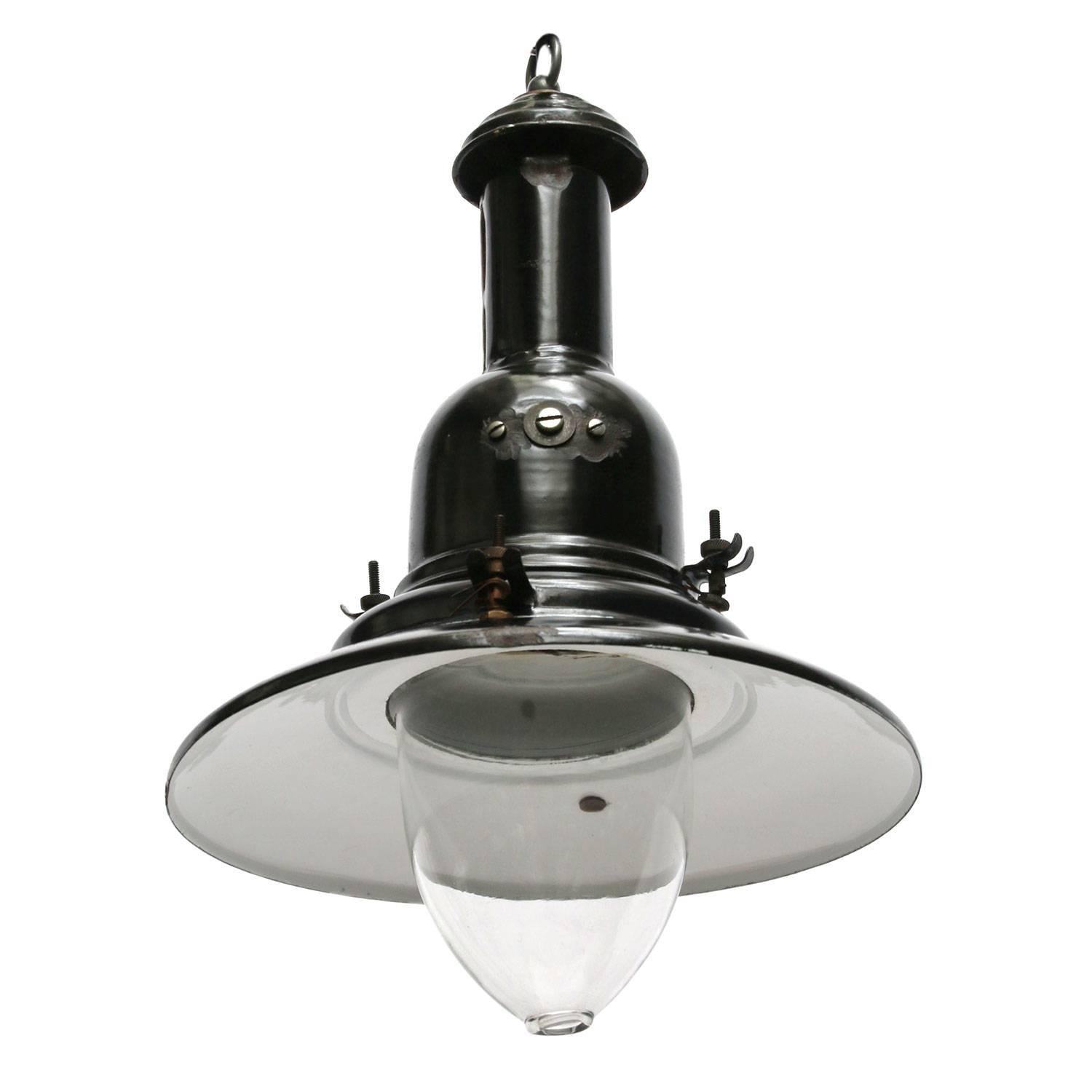 Greek fisherman’s light. Black enamel pendant light with clear glass. White interior. 

Weight: 1.4 kg / 3.1 lb

All lamps have been made suitable by international standards for incandescent light bulbs, energy-efficient and LED bulbs. E26/E27 bulb