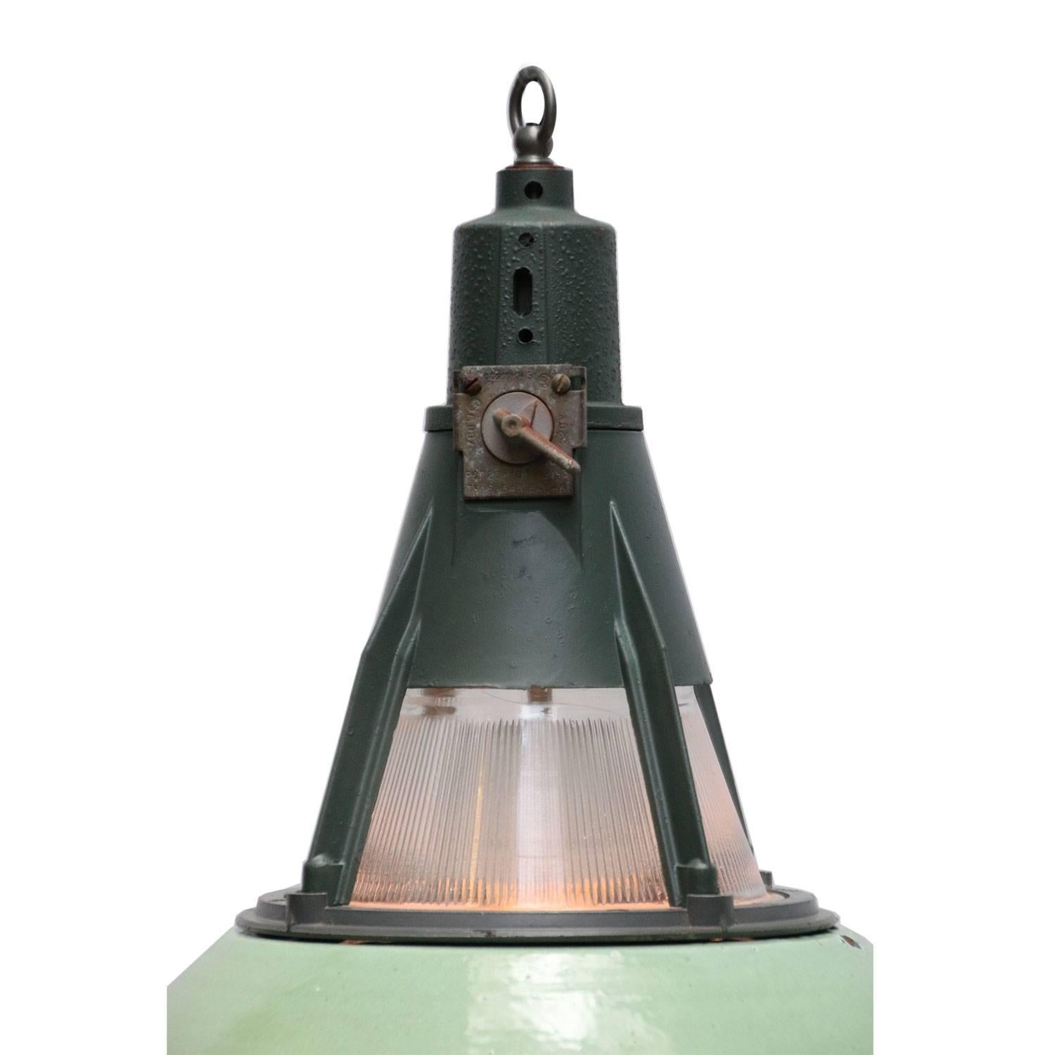 Busk large green. Enamel Industrial pendant. Light green enamel shade. 
White inside. Dark grey cast aluminium top.

Measures: Weight: 9.5 kg / 20.9 lb

All lamps have been made suitable by international standards for incandescent light bulbs,
