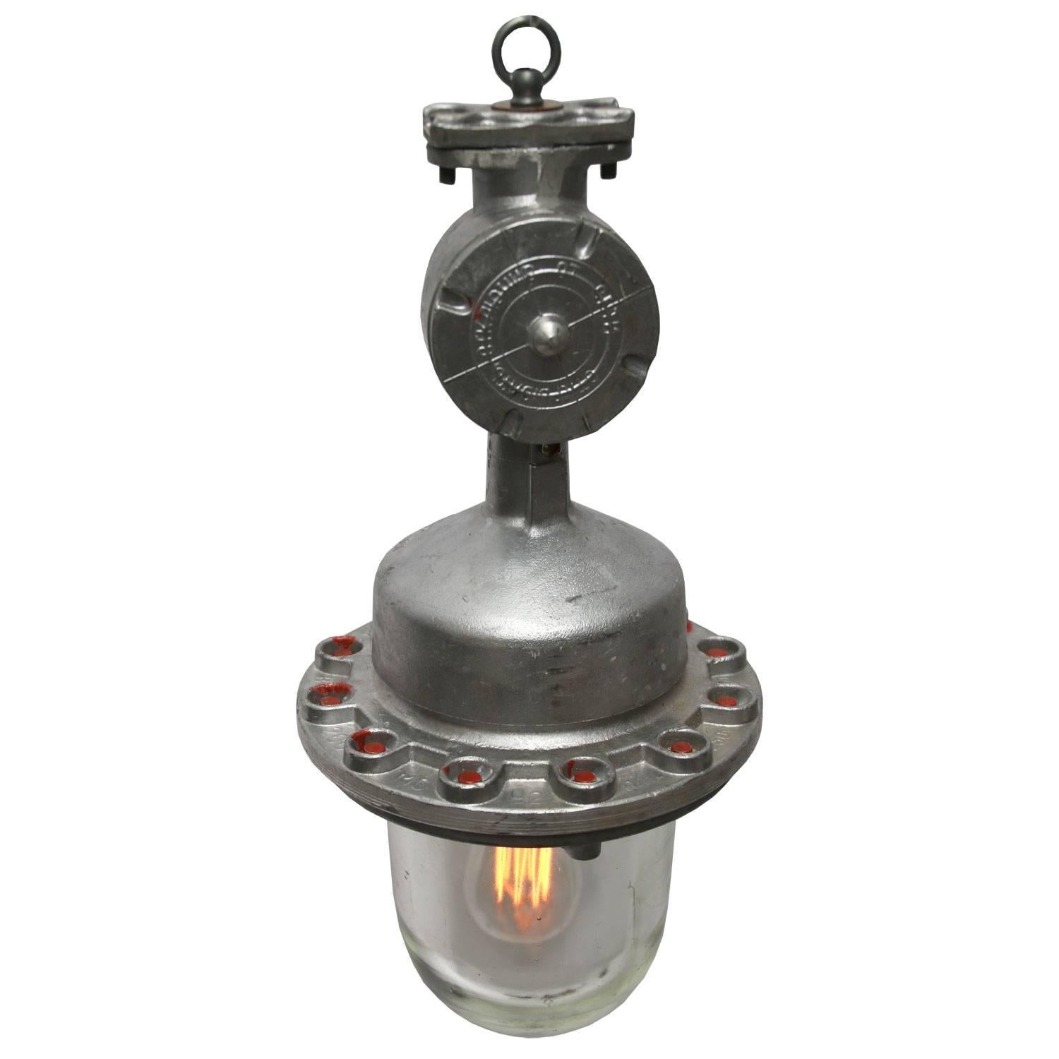 Industrial hanging lamp. Silver grey cast aluminium. Clear glass.

Weight: 7.0 kg / 15.4 lb

All lamps have been made suitable by international standards for incandescent light bulbs, energy-efficient and LED bulbs. E26/E27 bulb holders and new