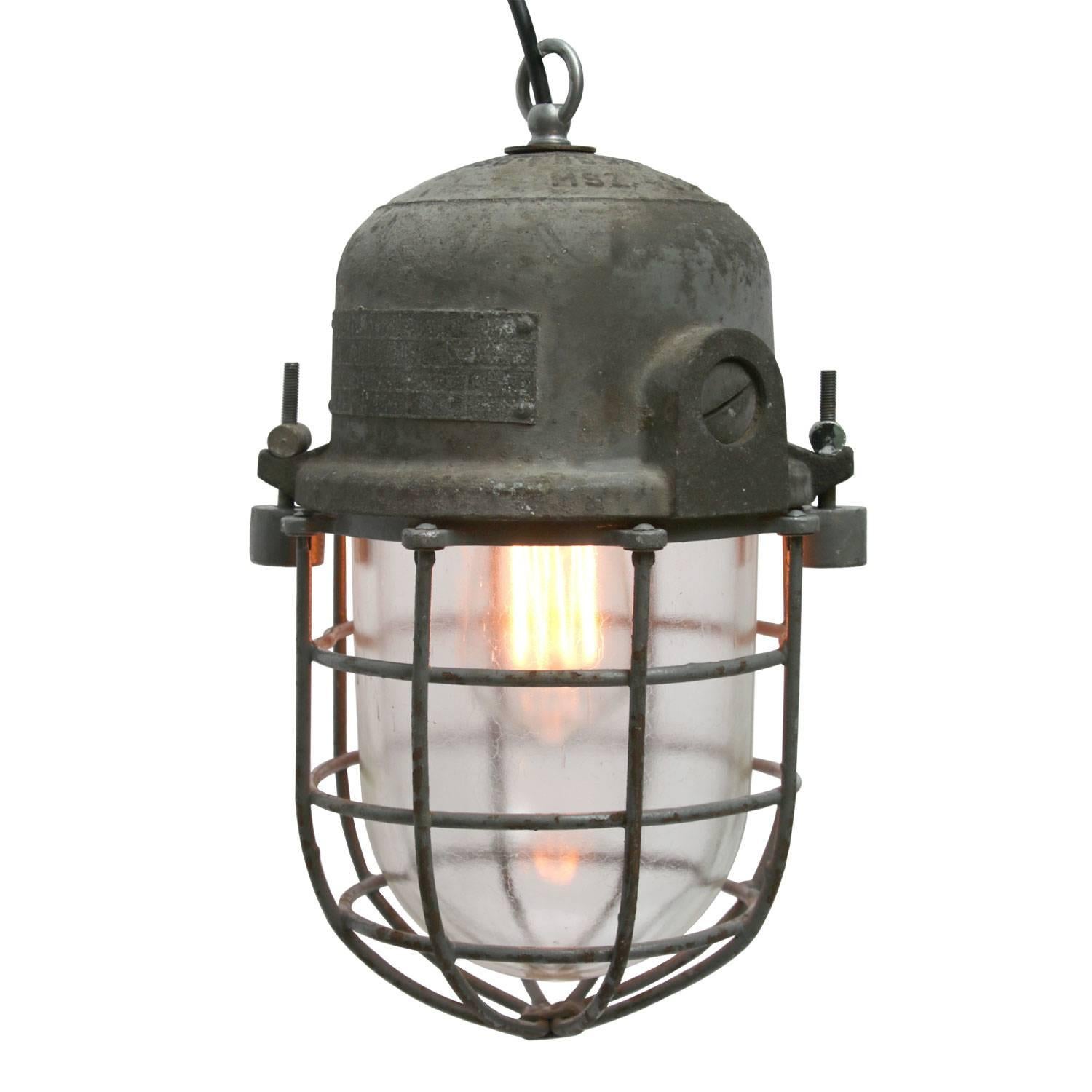 Vintage European Industrial pendant. Cast aluminium top. Clear glass.

Weight: 2.7 kg / 6 lb

Priced per individual item. All lamps have been made suitable by international standards for incandescent light bulbs, energy-efficient and LED bulbs.