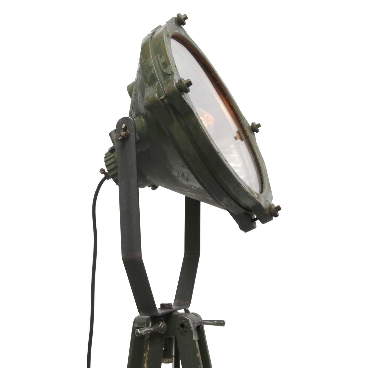 20th Century Vintage Industrial Metal Mirror Spot Light Floor Lamp Green Wooden Tripods