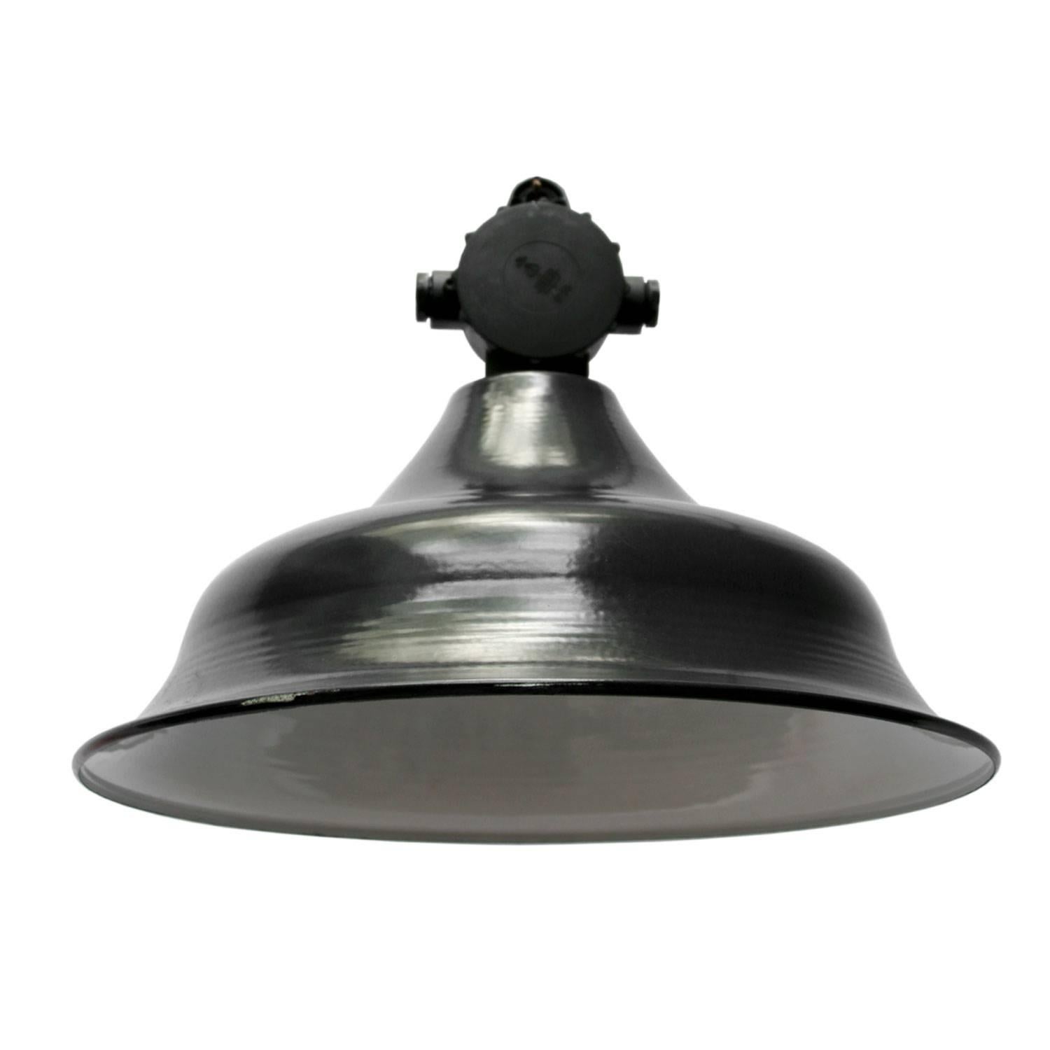 Industrial factory pendant made of dark enamel. White interior with bakelite top.

Measure: Weight 2.2 kg / 4.9 lb

All lamps have been made suitable by international standards for incandescent light bulbs, energy-efficient and LED bulbs. E26/E27