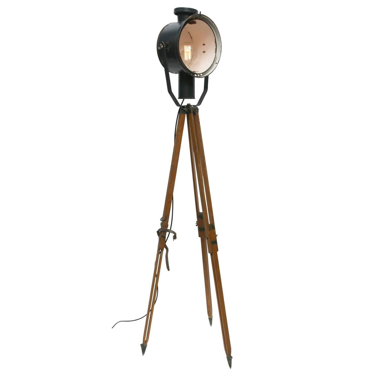 Wooden Tripod Floor Lamp Blue Enamel Industrial Spot Lights