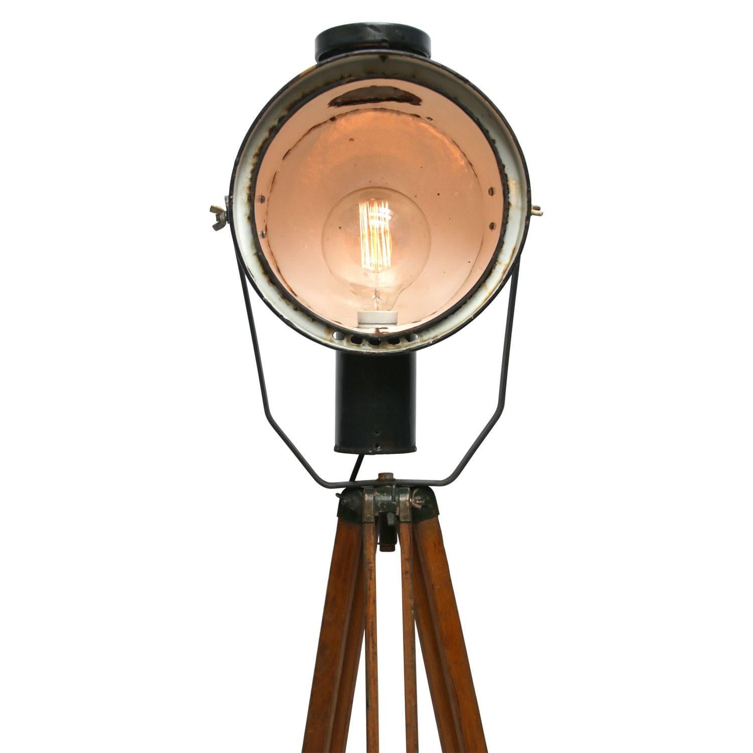 Hungarian Wooden Tripod Floor Lamp Blue Enamel Industrial Spot Lights