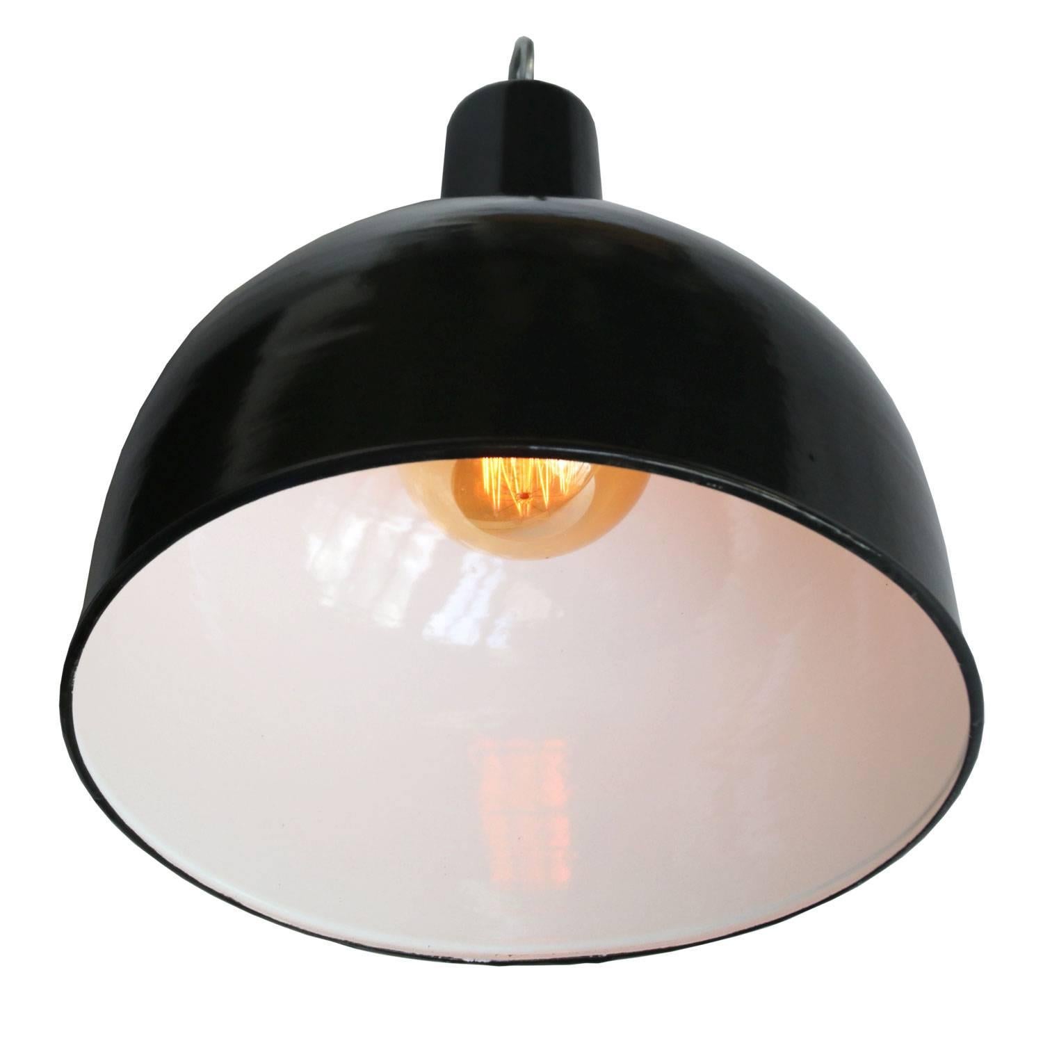 Factory hanging light. Black enamel. White interior.

Weight: 1.4 kg / 3.1 lb

All lamps have been made suitable by international standards for incandescent light bulbs, energy-efficient and LED bulbs. E26/E27 bulb holders and new wiring are CE