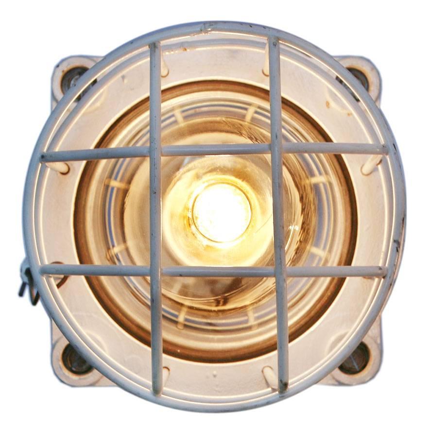 Vintage European Industrial hanging lamp. Cast aluminium with clear glass. 

Weight: 4.0 kg / 8.8 lb

Priced individual item. All lamps have been made suitable by international standards for incandescent light bulbs, energy-efficient and LED bulbs.