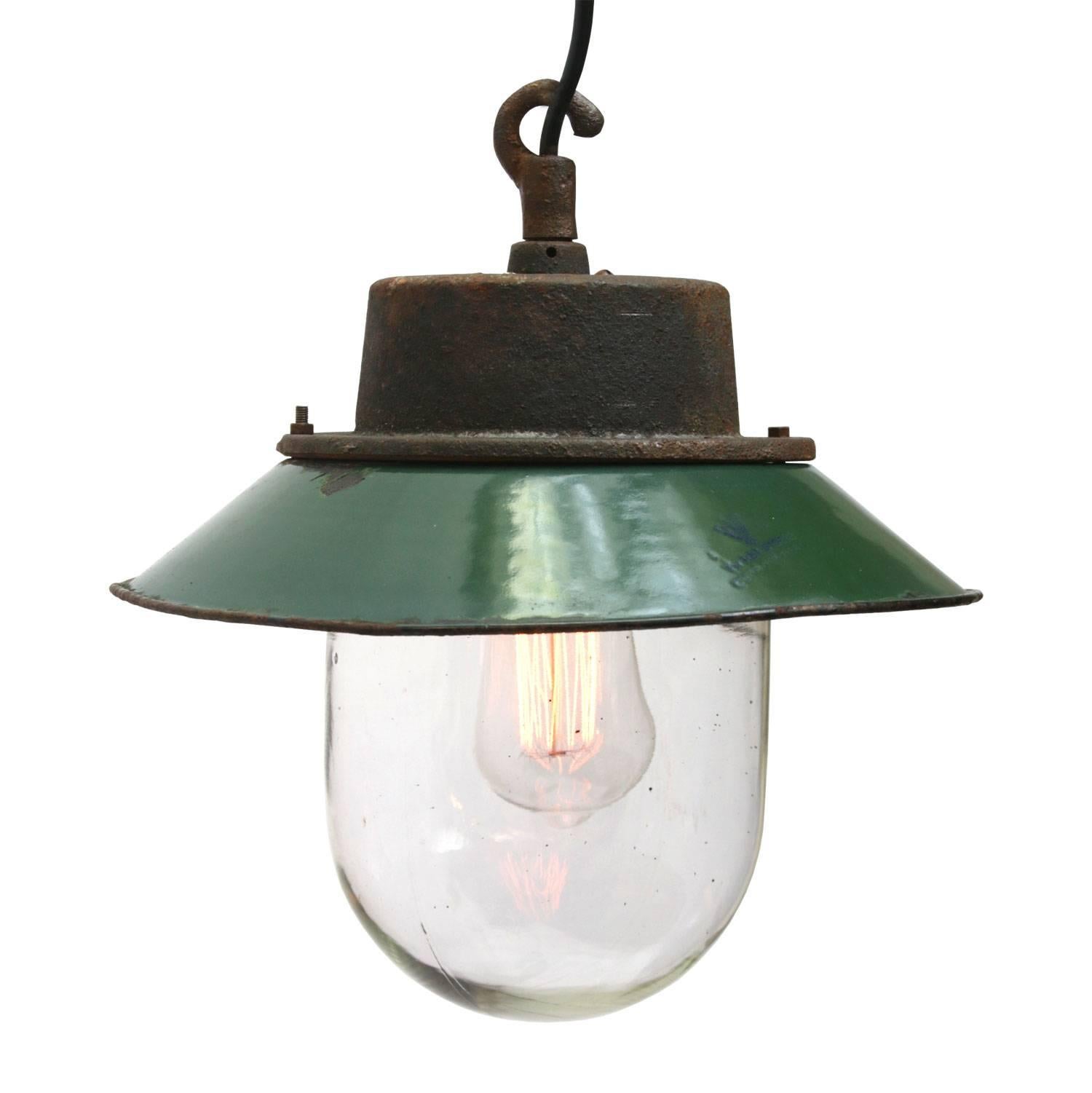 Green Vintage Industrial Enamel Cast Iron Clear Glass Pendant Light In Good Condition In Amsterdam, NL