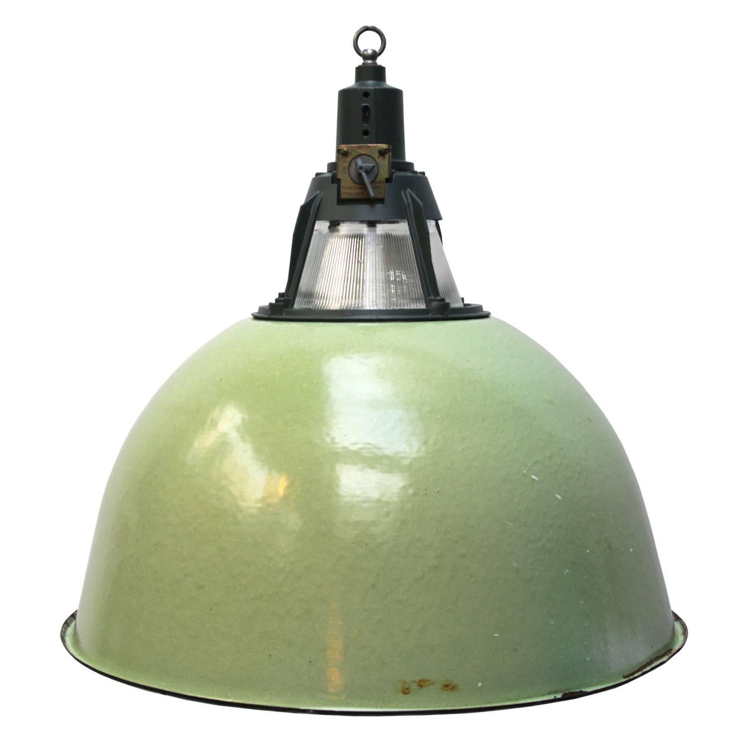 Ukrainian Green Enamel Vintage Industrial Pendant Light Holophane Glass (2x)
