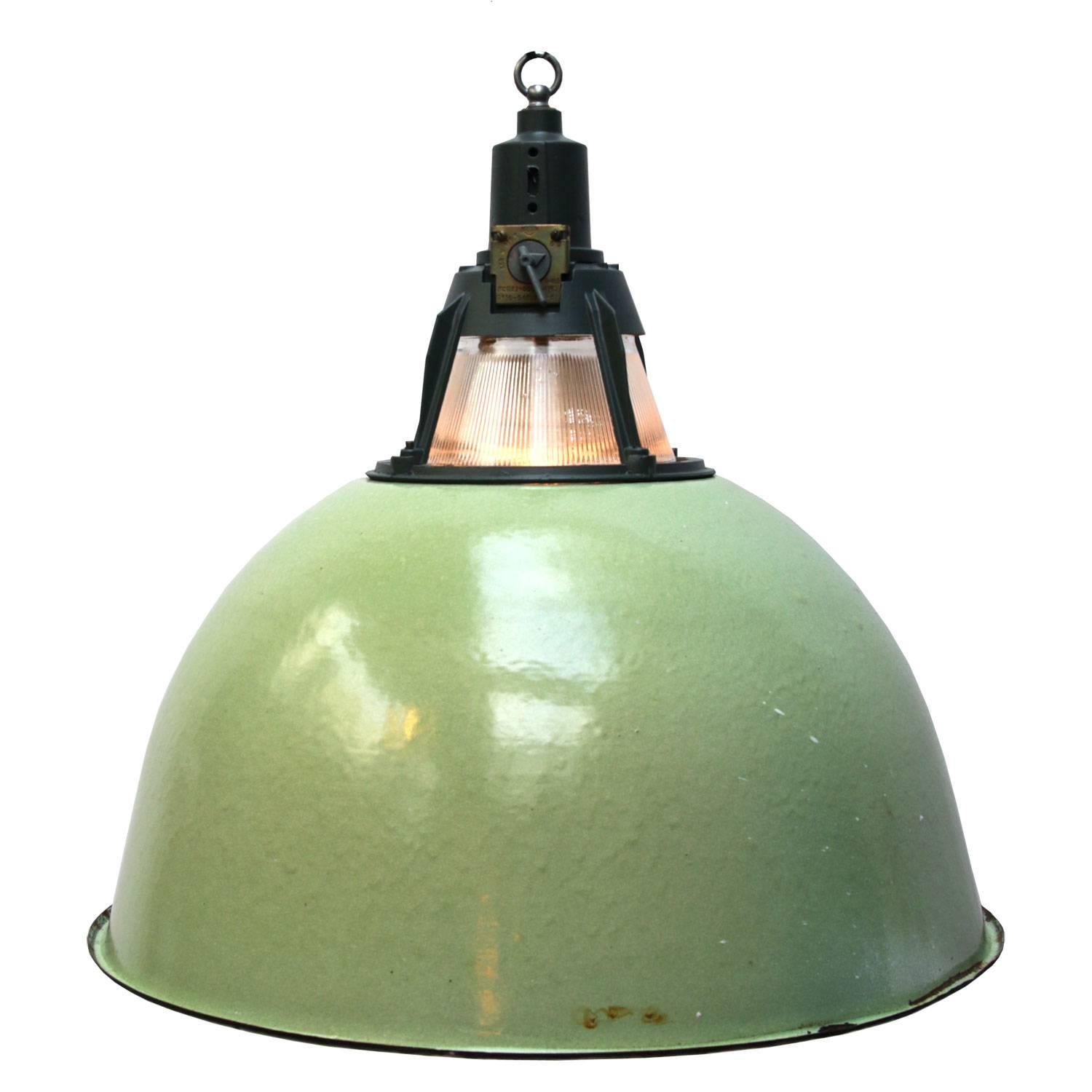 Green Enamel Vintage Industrial Pendant Light Holophane Glass (2x)