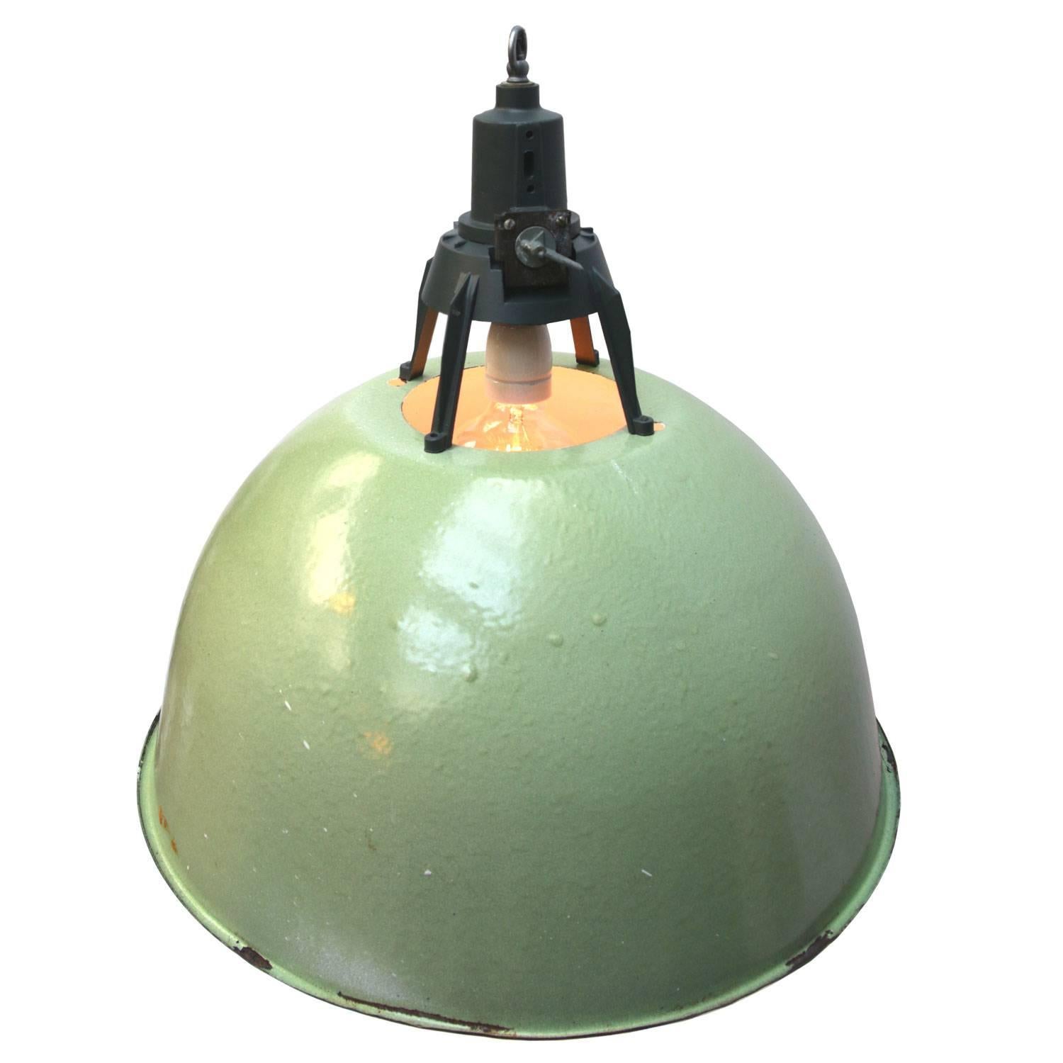 Enamel industrial pendant. Light green enamel shade. 
White inside. Dark grey cast aluminium top.

Weight: 4.4 kg / 9.7 lb

All lamps have been made suitable by international standards for incandescent light bulbs, energy-efficient and LED bulbs.