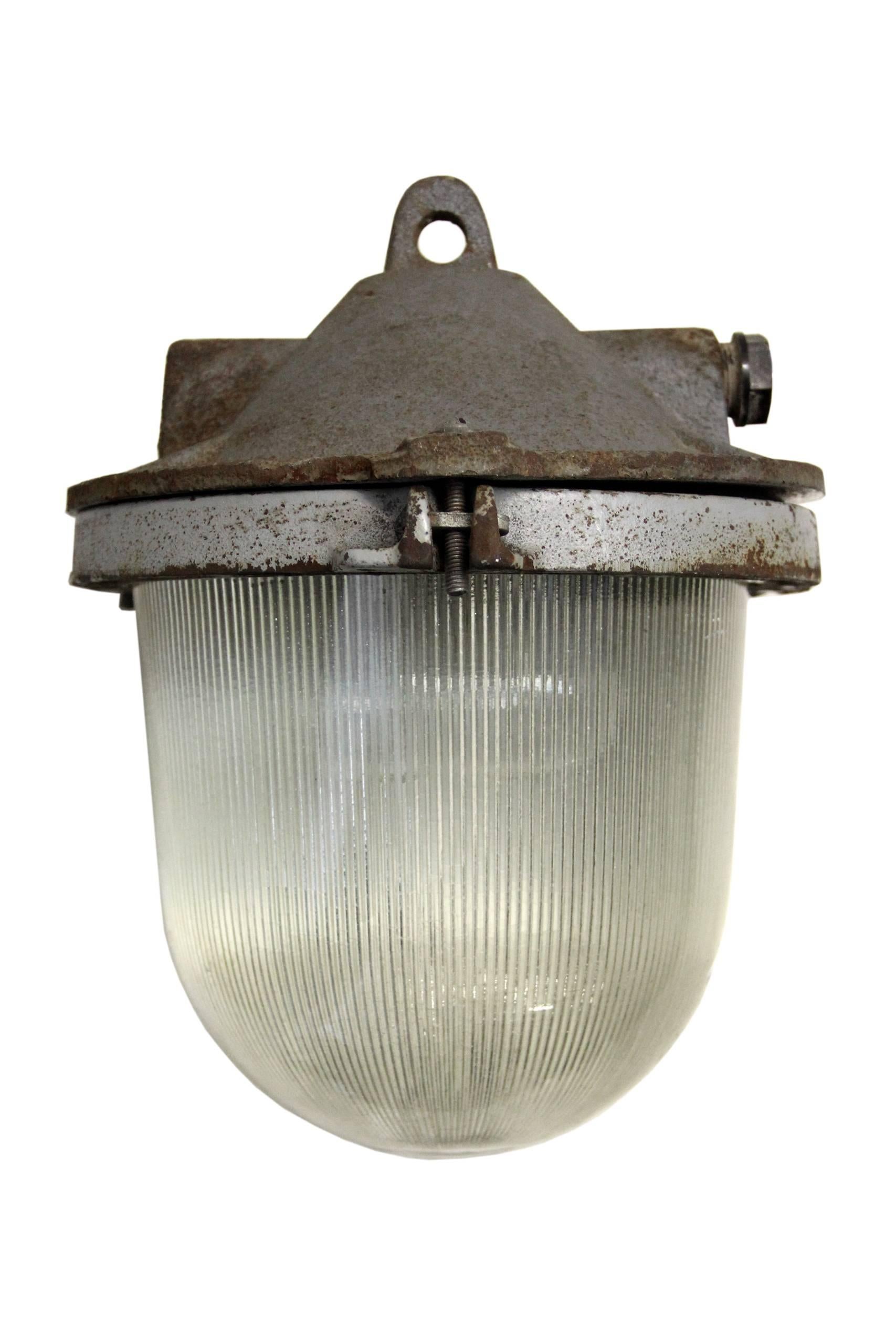 Hanging lamp Industrial cast iron. Holophane glass.

Weight: 5.5 kg / 12.1 lb

All lamps have been made suitable by international standards for incandescent light bulbs, energy-efficient and LED bulbs. E26/E27 bulb holders and new wiring are CE
