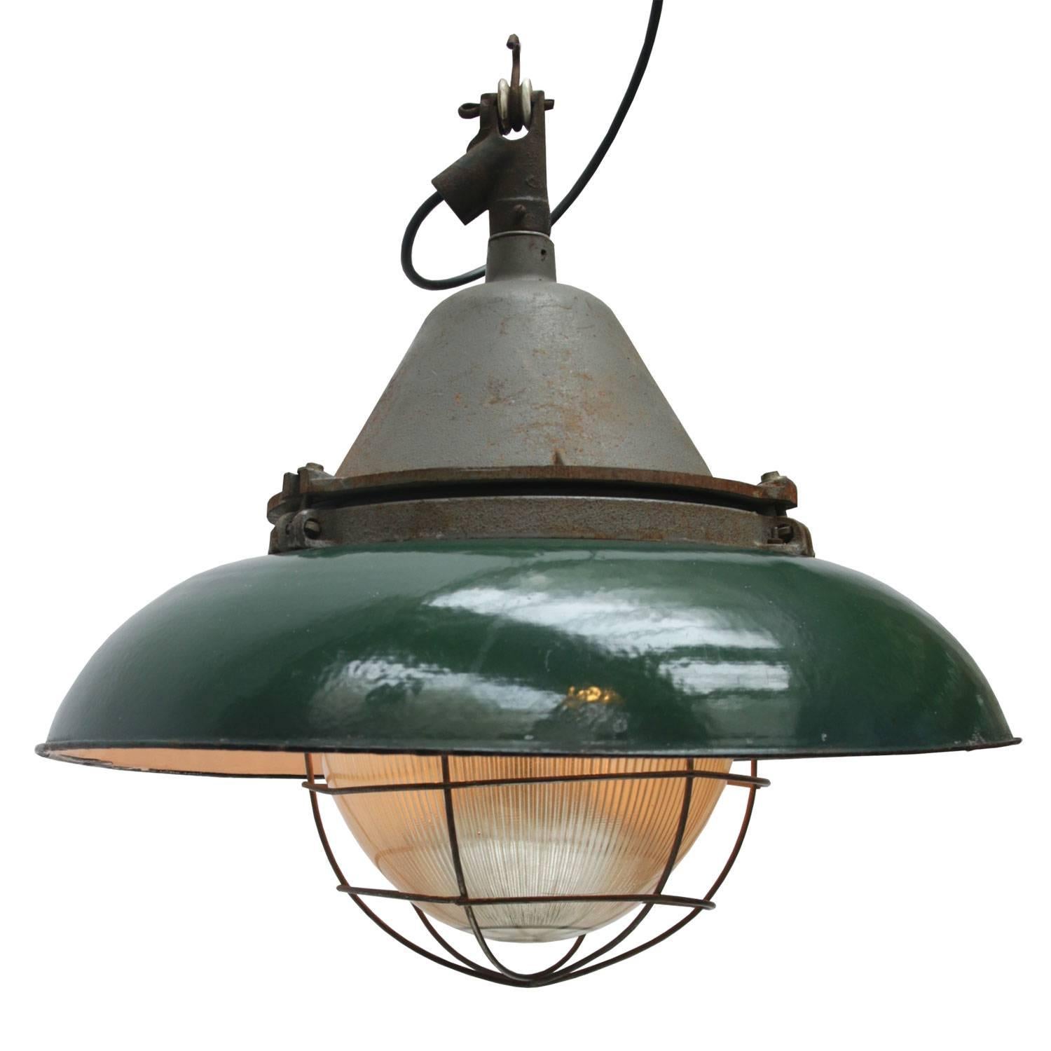 20th Century Green Enamel Cast Iron Vintage Industrial Holophane Glass Pendant Lights (2x)