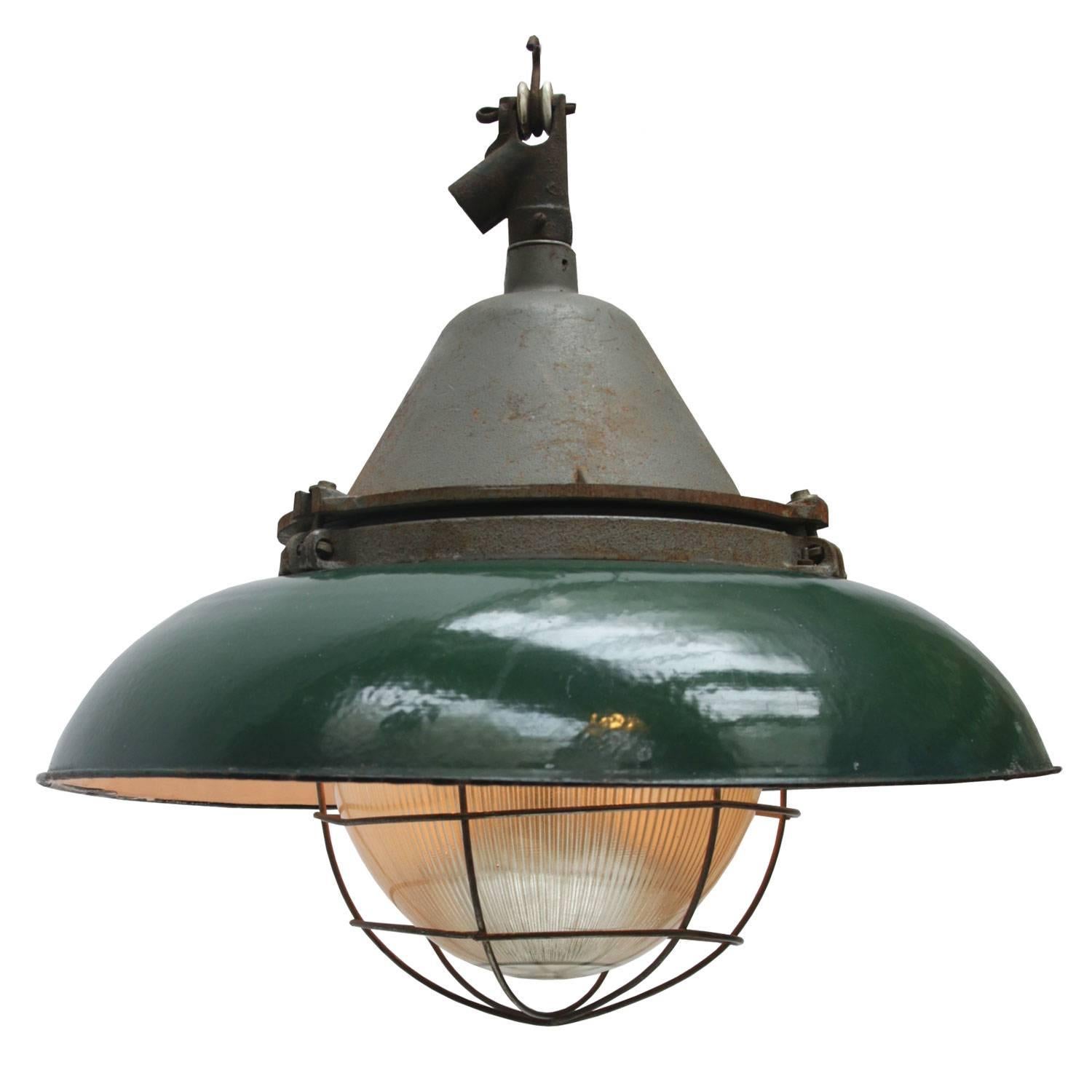 Green Enamel Cast Iron Vintage Industrial Holophane Glass Pendant Lights (2x)