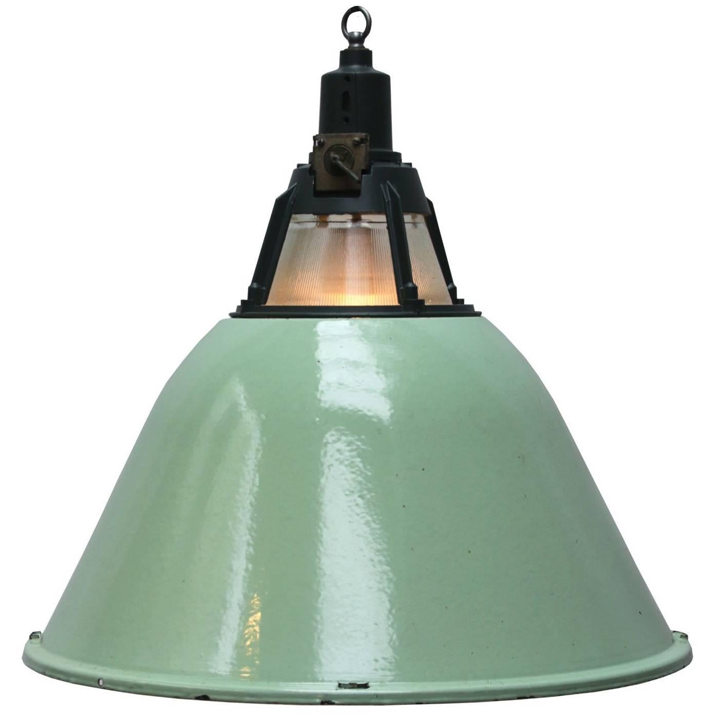 Large Green Enamel Vintage Industrial Holophane Glass Pendant Light