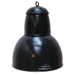 Large Black Enamel Vintage Industrial Pendant Lights Cast Iron Top (3x)